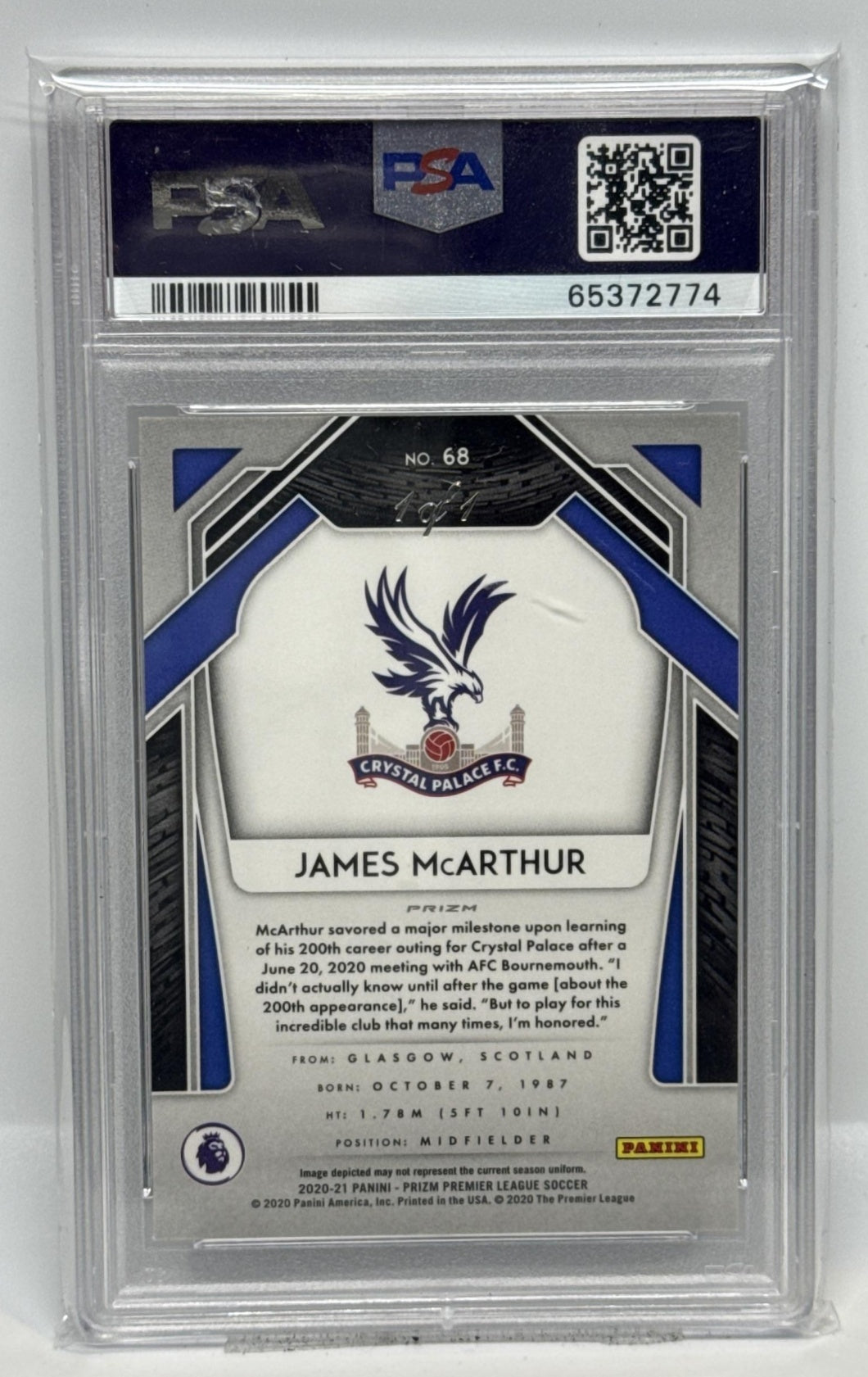 James McArthur Panini Prizm PL 2020-21 Black 1/1 PSA 9 Crystal Palace