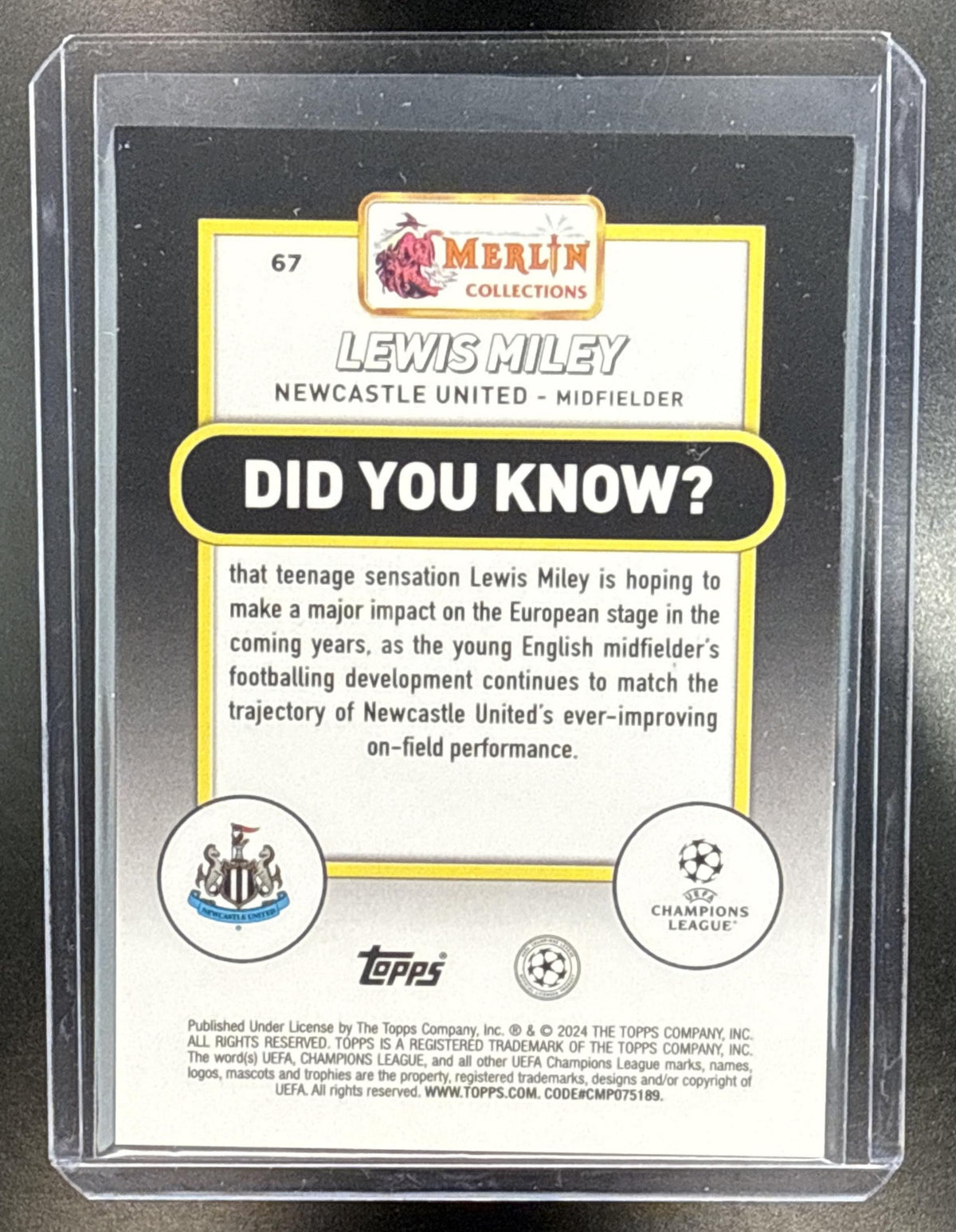 Lewis Miley Topps Chrome Merlin UCC 2023-24 Gold Refractor /50 RC Newcastle United