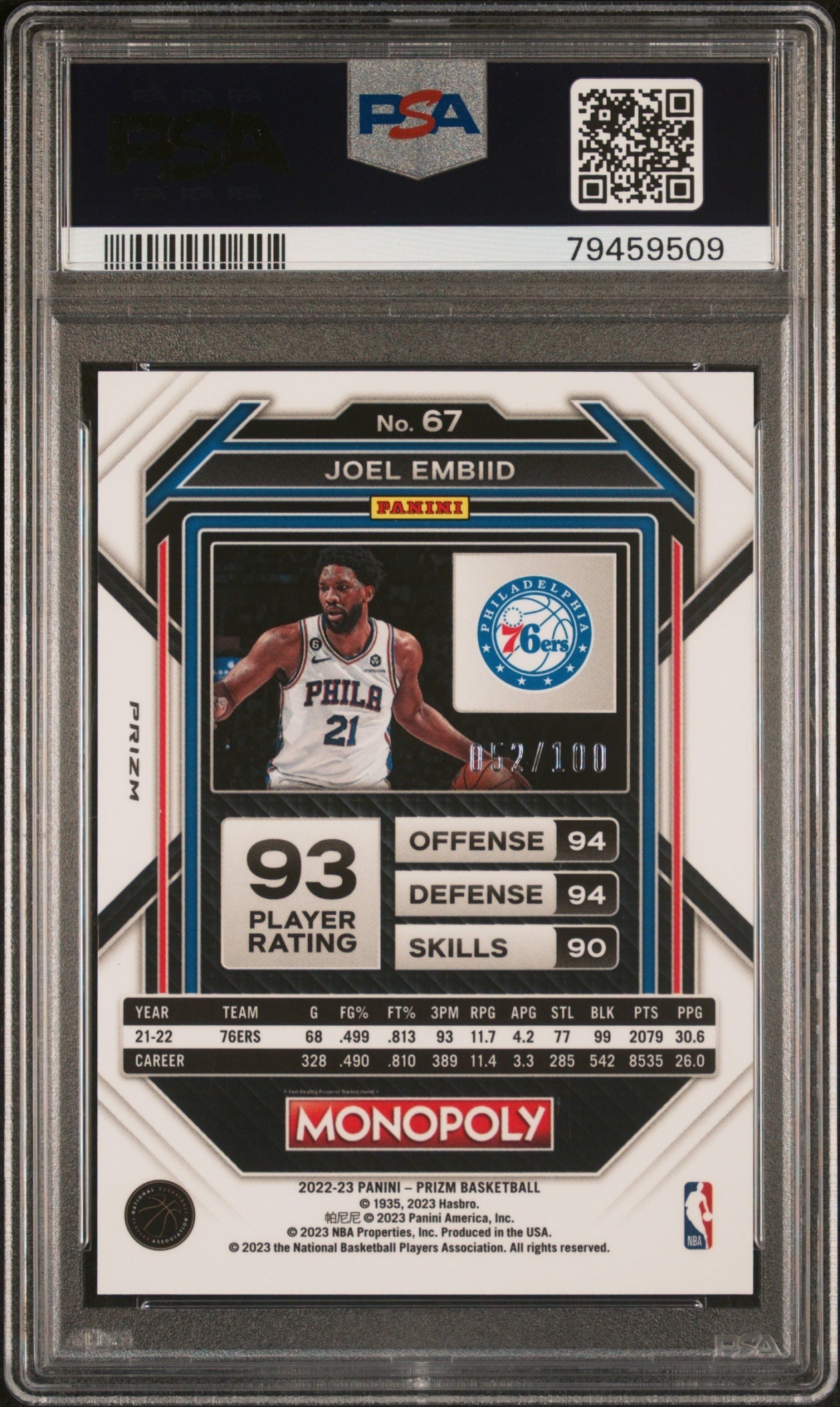 Joel Embiid Panini Prizm Monopoly 2022-23 Red Money Shimmer /100 PSA 10 76ers