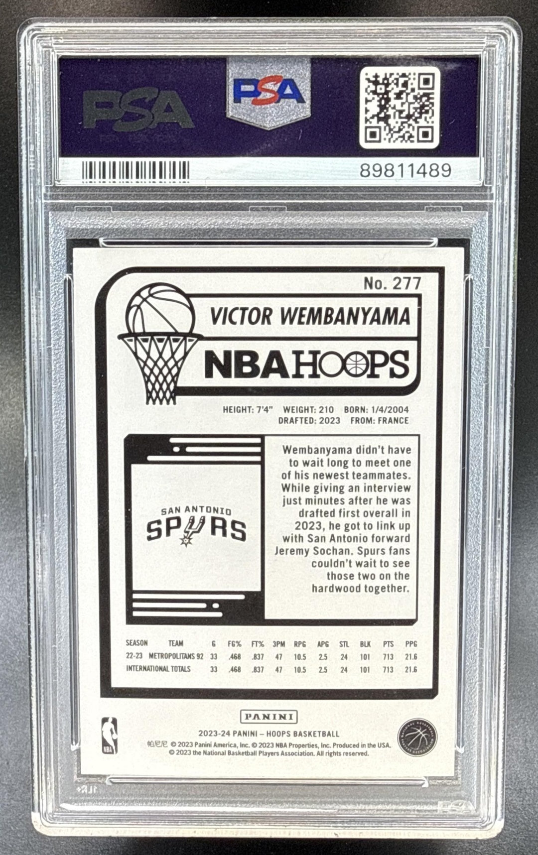 Victor Wembanyama Panini Hoops Winter 2023-24 RC PSA 10 San Antonio Spurs