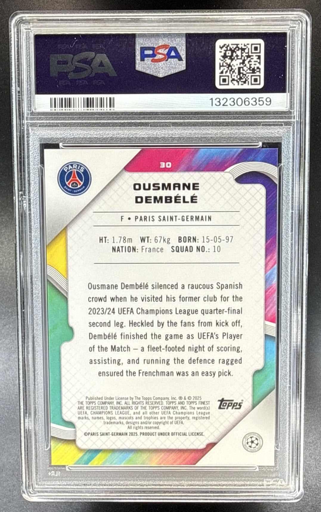 Ousmane Dembele Topps Finest UCC 2024-25 Black Prism Refractor /10 PSA 10 PSG