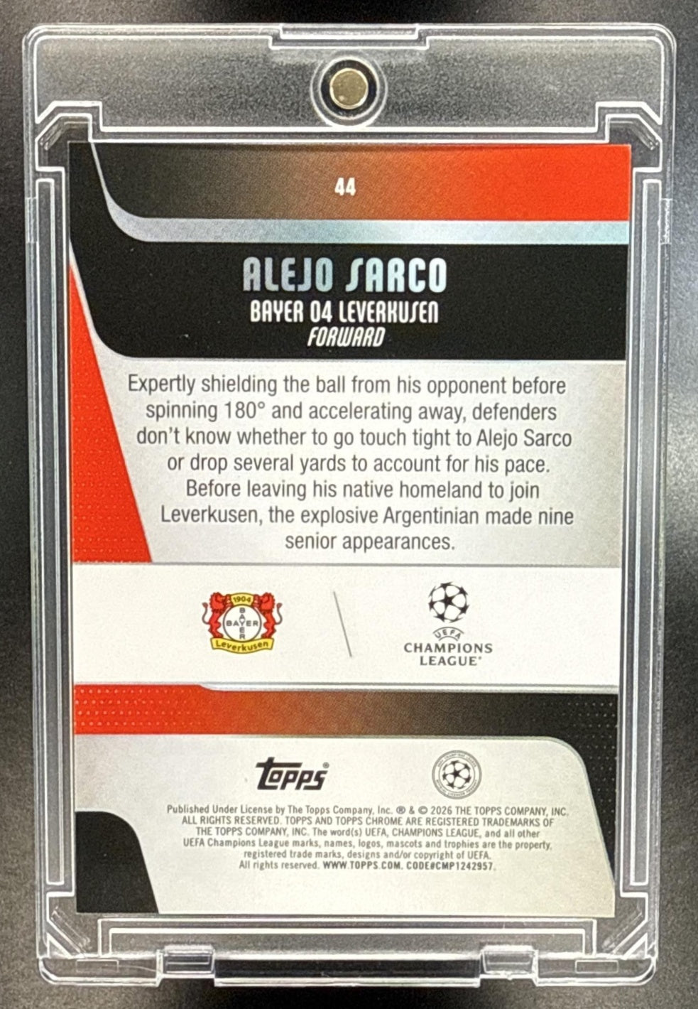Alejo Sarco Topps Chrome UCC 2025-26 Black Geo /10 RC Bayer 04 Leverkusen
