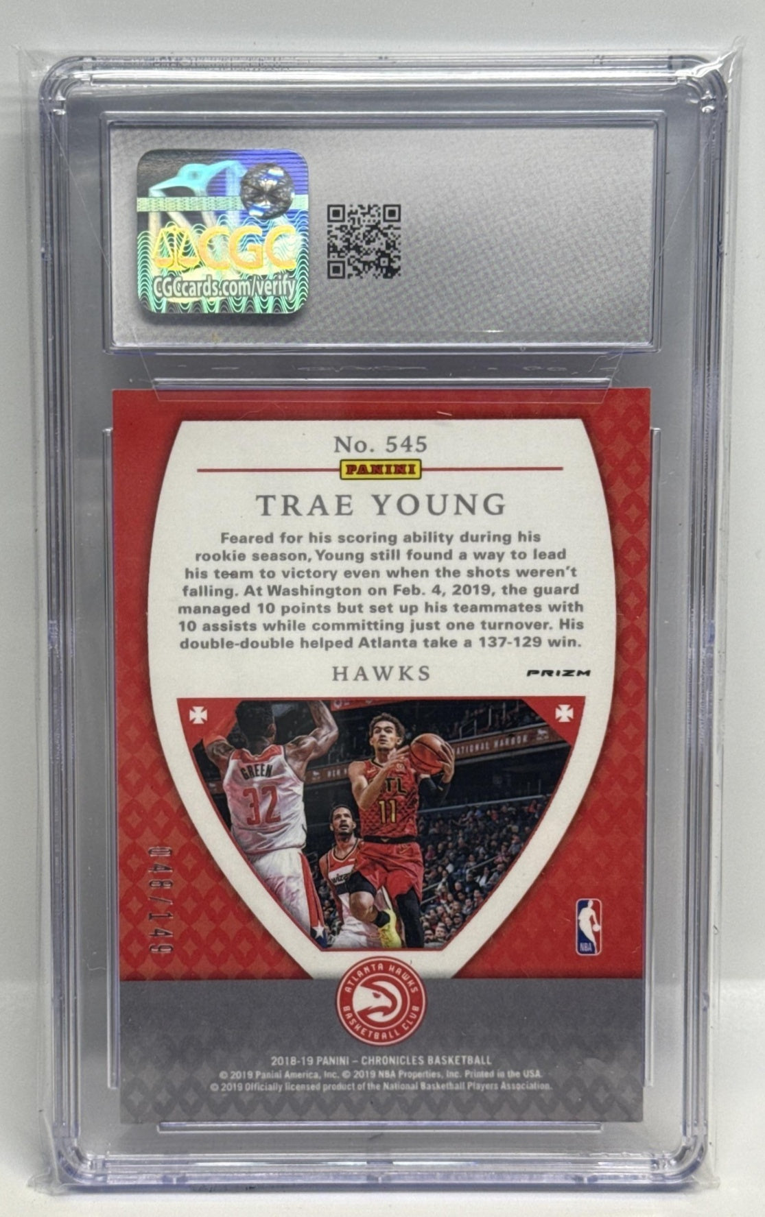Trae Young Panini Chronicles 2018-19 Red /149 RC CGC 10 Atlanta Hawks
