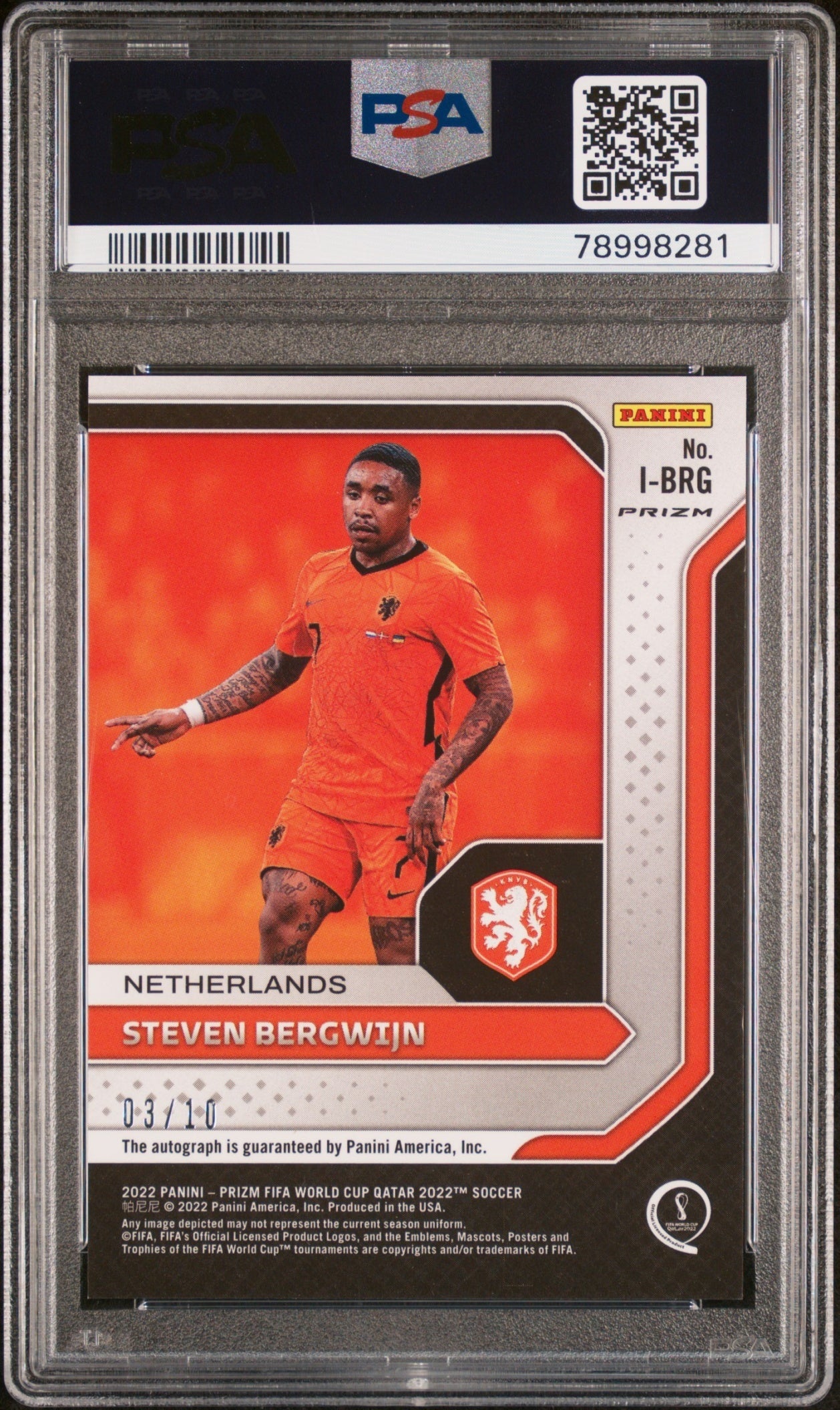 Steven Bergwijn Panini Prizm World Cup 2022-23 Gold /10 Auto PSA 10 Netherlands
