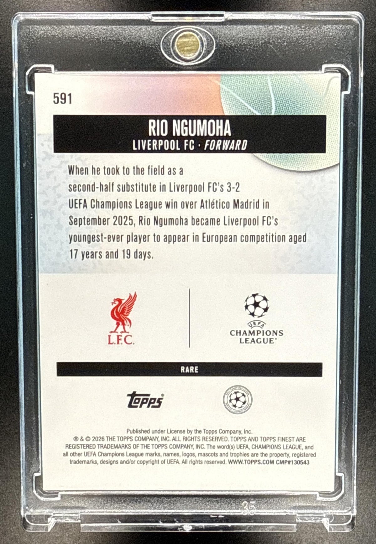 Rio Ngumoha Topps Finest UCC 2025-26 Blue Checkerboard Refractor /49 RC Liverpool FC