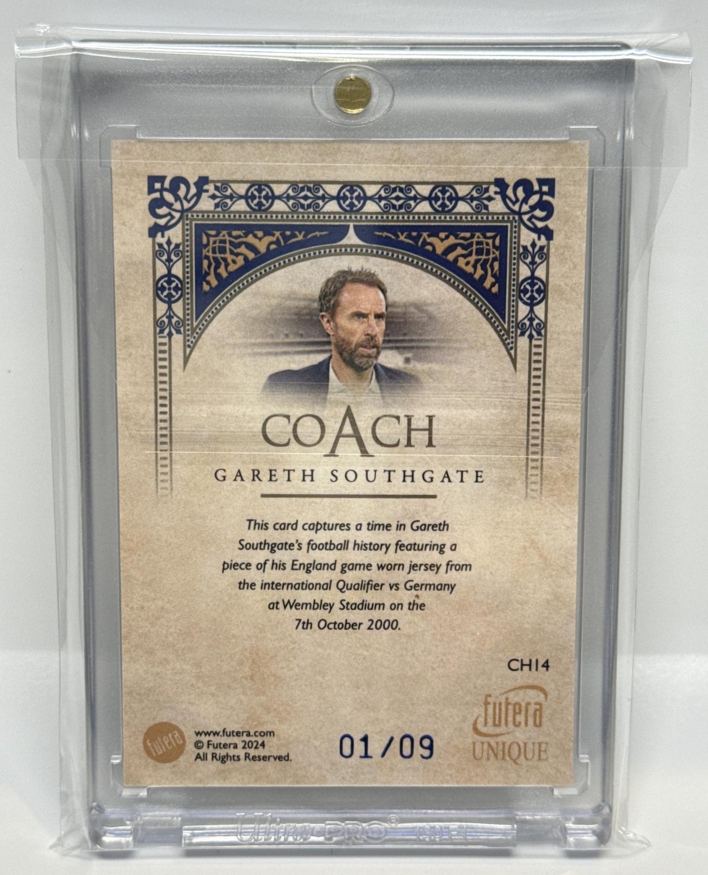 Gareth Southgate Futera Unique Nostalgia 2024 Coach Relics SN9/9 MEM England