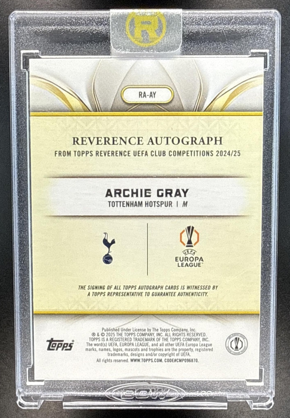 Archie Gray Topps Reverence UCC 2024-25 Auto Black /10 RC Tottenham Hotspur