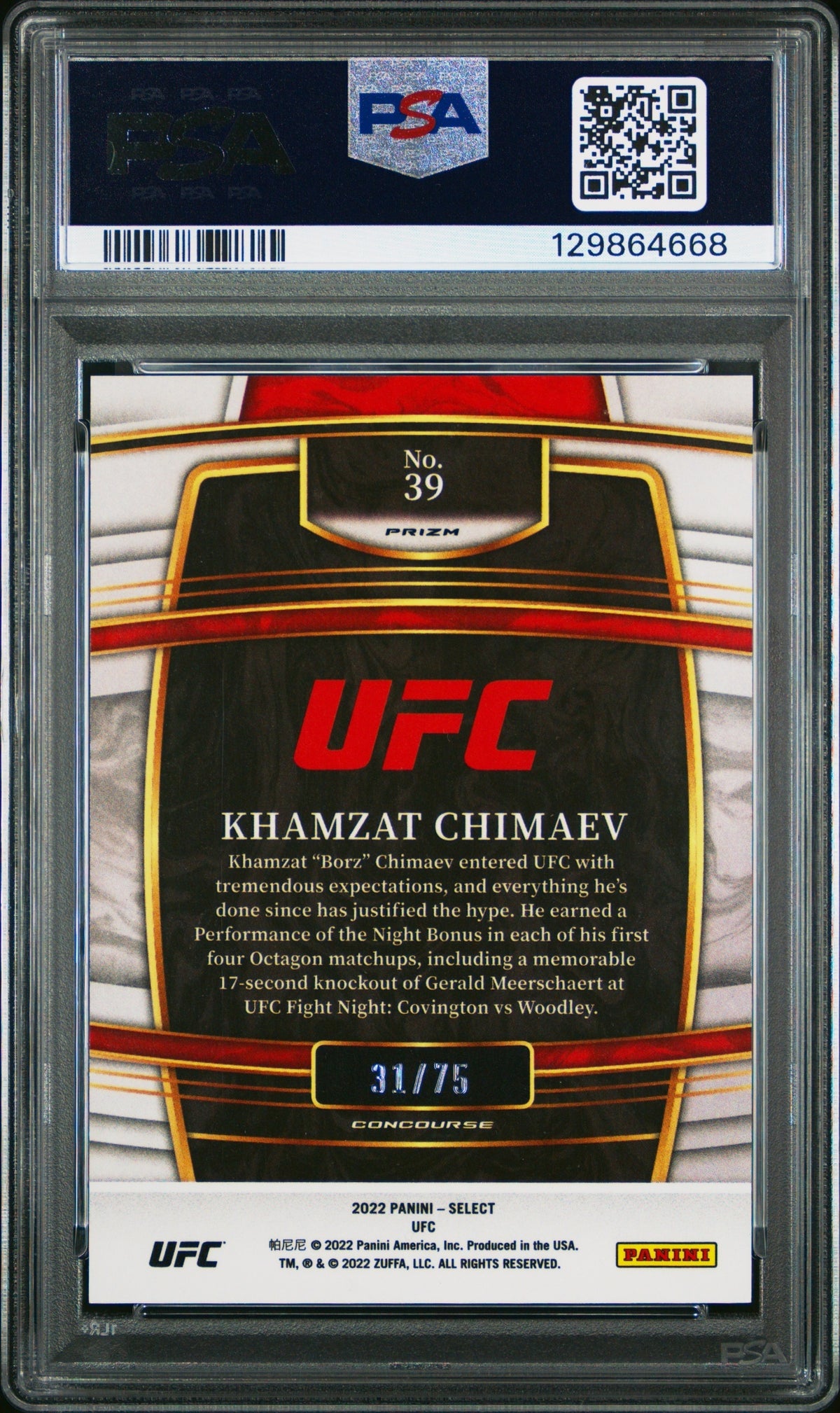 Khamzat Chimaev Panini Select UFC 2022 White Prizms /75 Concourse PSA 9