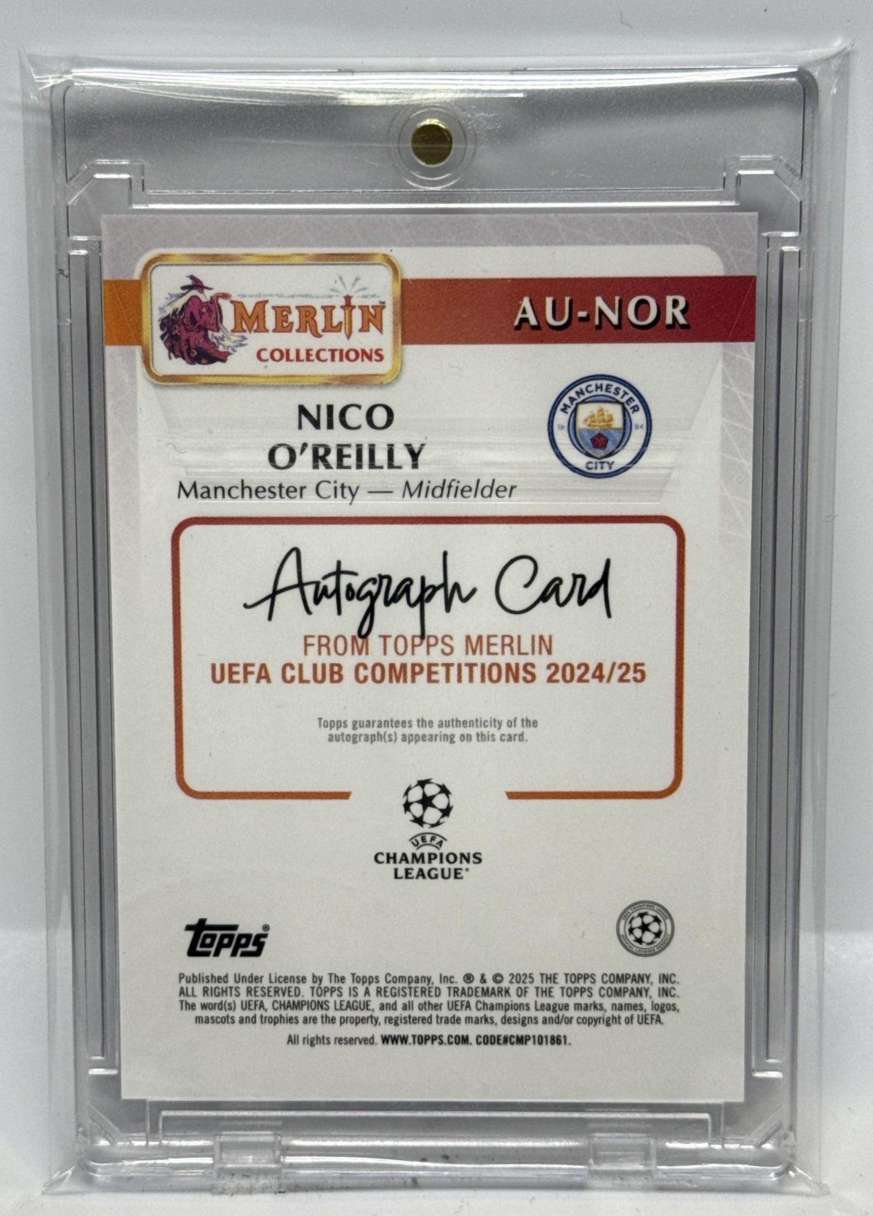 Nico O'Reilly Topps Merlin Chrome UCC 2024-25 Pink /199 Auto RC Manchester City