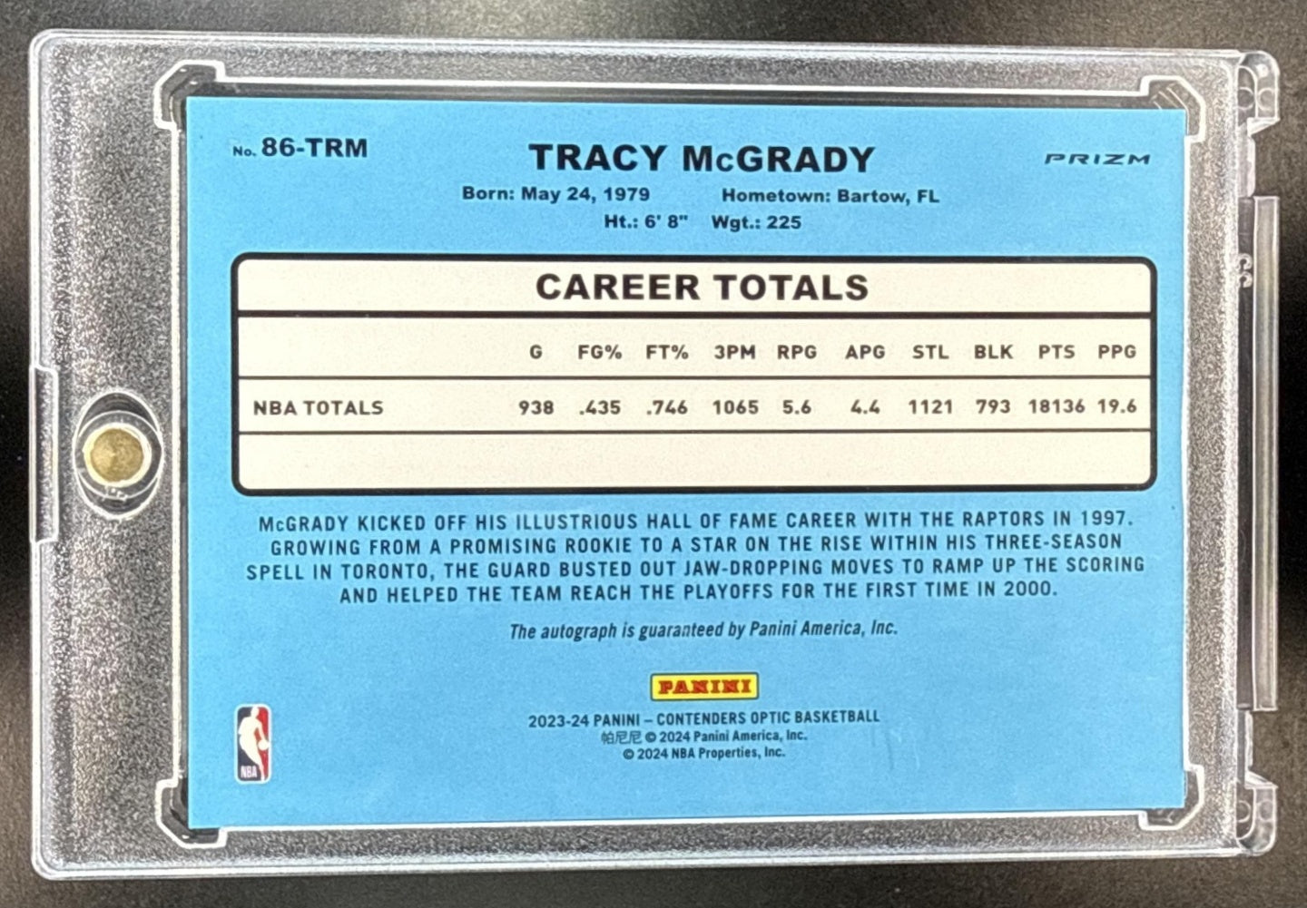Tracy McGrady Panini Contenders Optic 2023-24 1986 Tribute Auto Toronto Raptors
