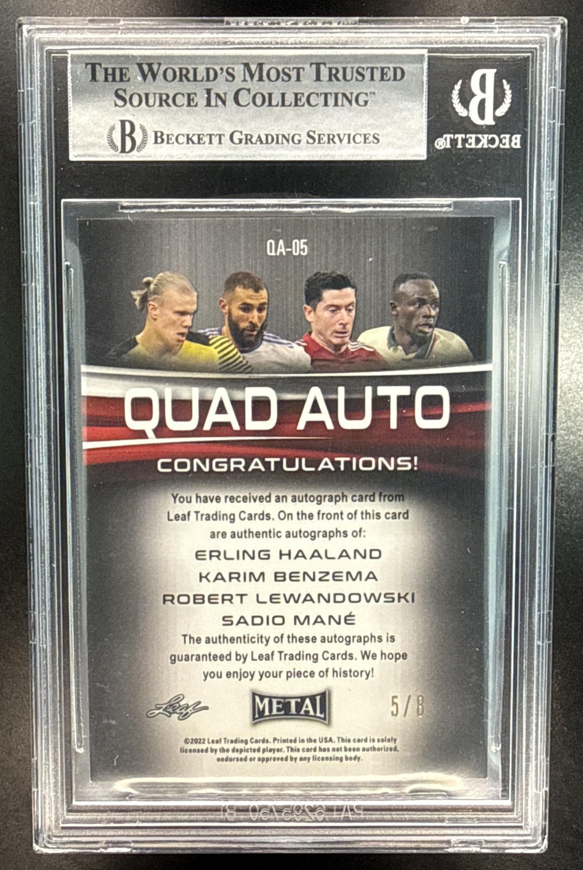 Haaland/Benzema/Lewandowski/Mane Leaf Metal 2022 Silver /8 Auto BGS 9