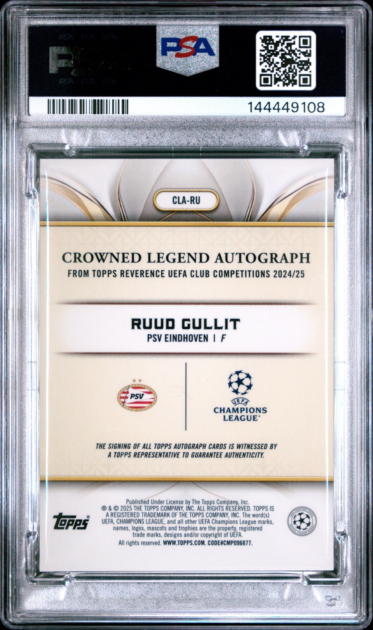 Ruud Gullit Topps Reverence UCC 2024-25 Orange /25 Auto PSA 10 PSV Eindhoven