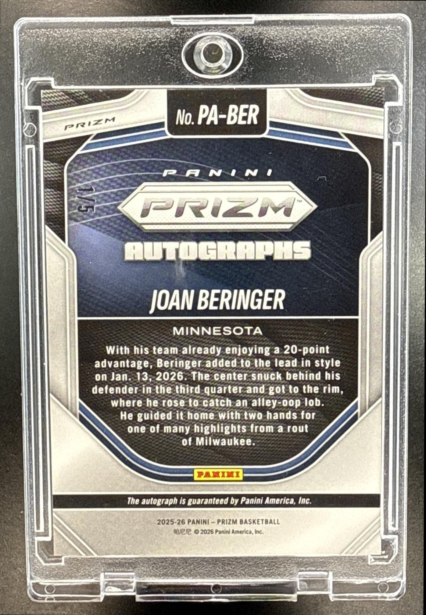 Joan Beringer Panini Prizm 2025-26 Gold /5 RC Auto Minnesota Timberwolves