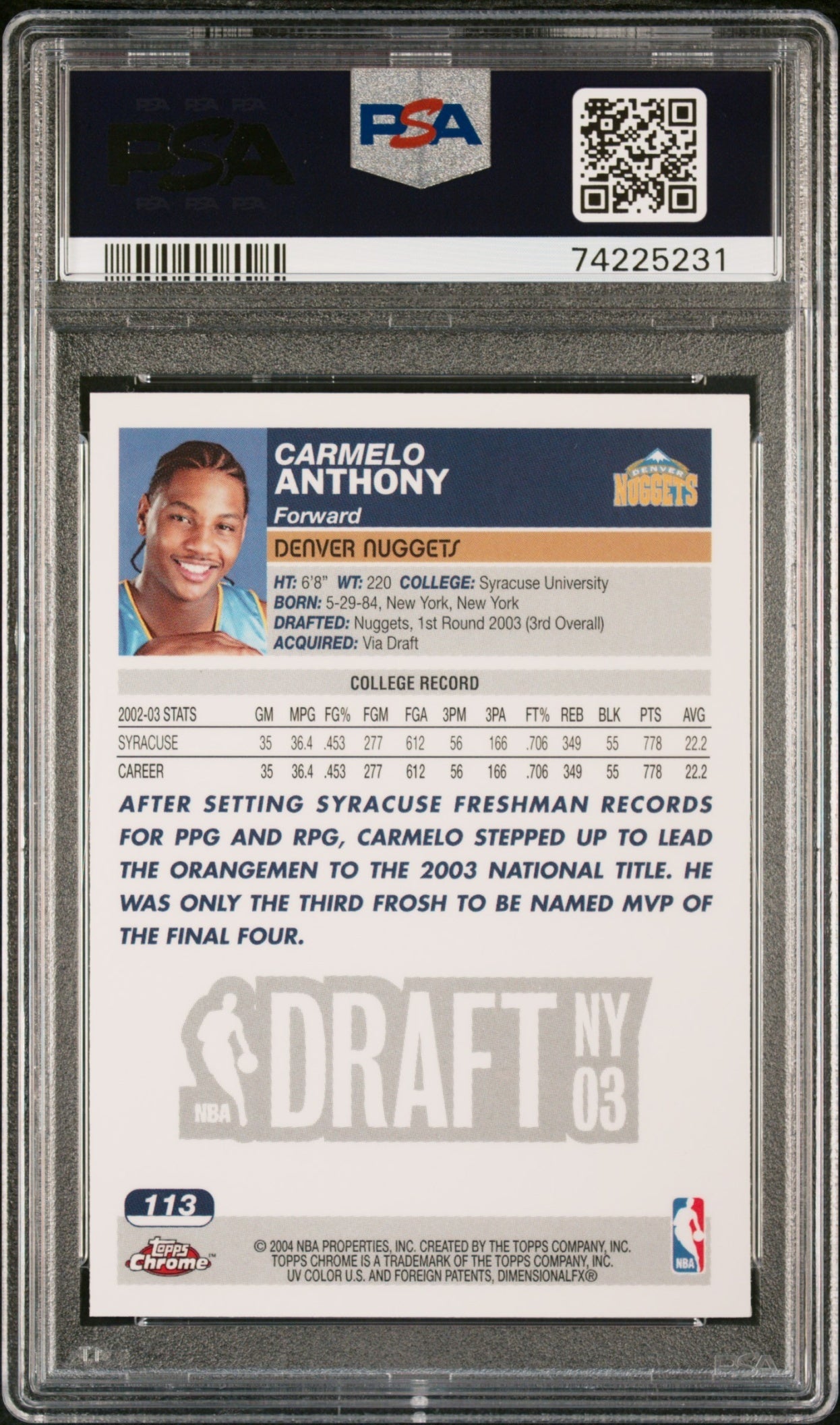 Carmelo Anthony Topps Chrome 2003-04 RC PSA 10 Denver Nuggets