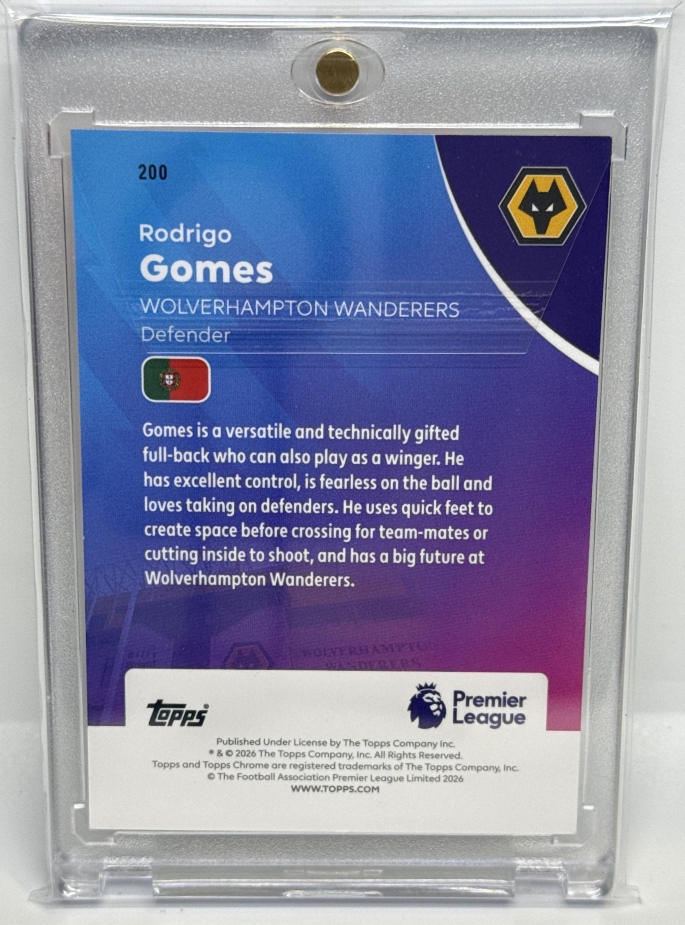 Rodrigo Gomes Topps Chrome PL 2026 Rose Gold Lion Logofractor 1/1 Wolverhampton