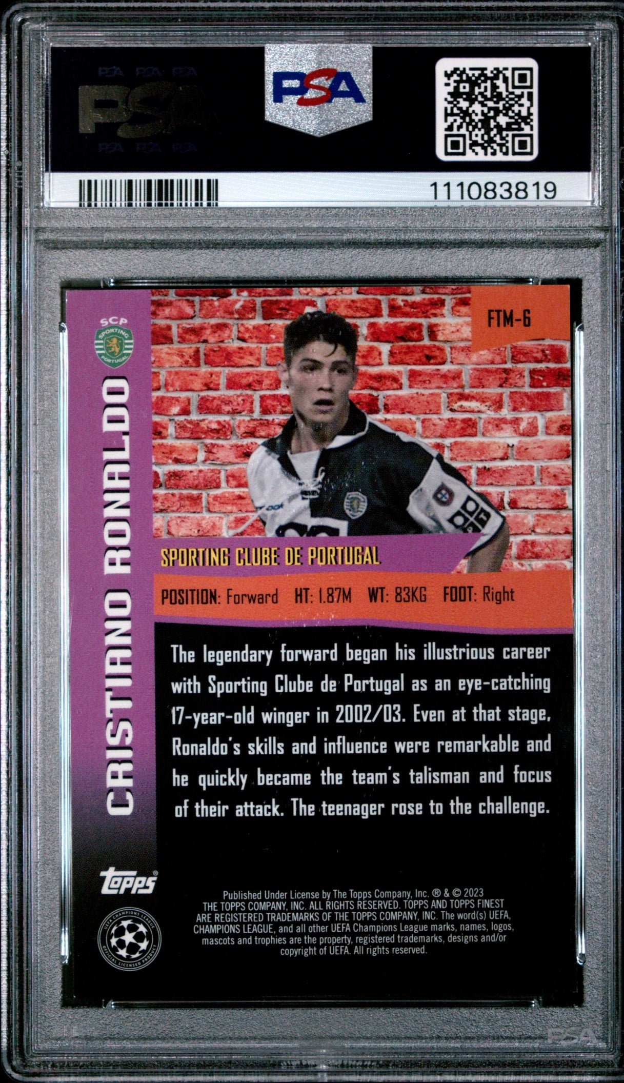 Cristiano Ronaldo Topps Finest UCC 2022-23 Blue Refractor /150 PSA 10 Sporting