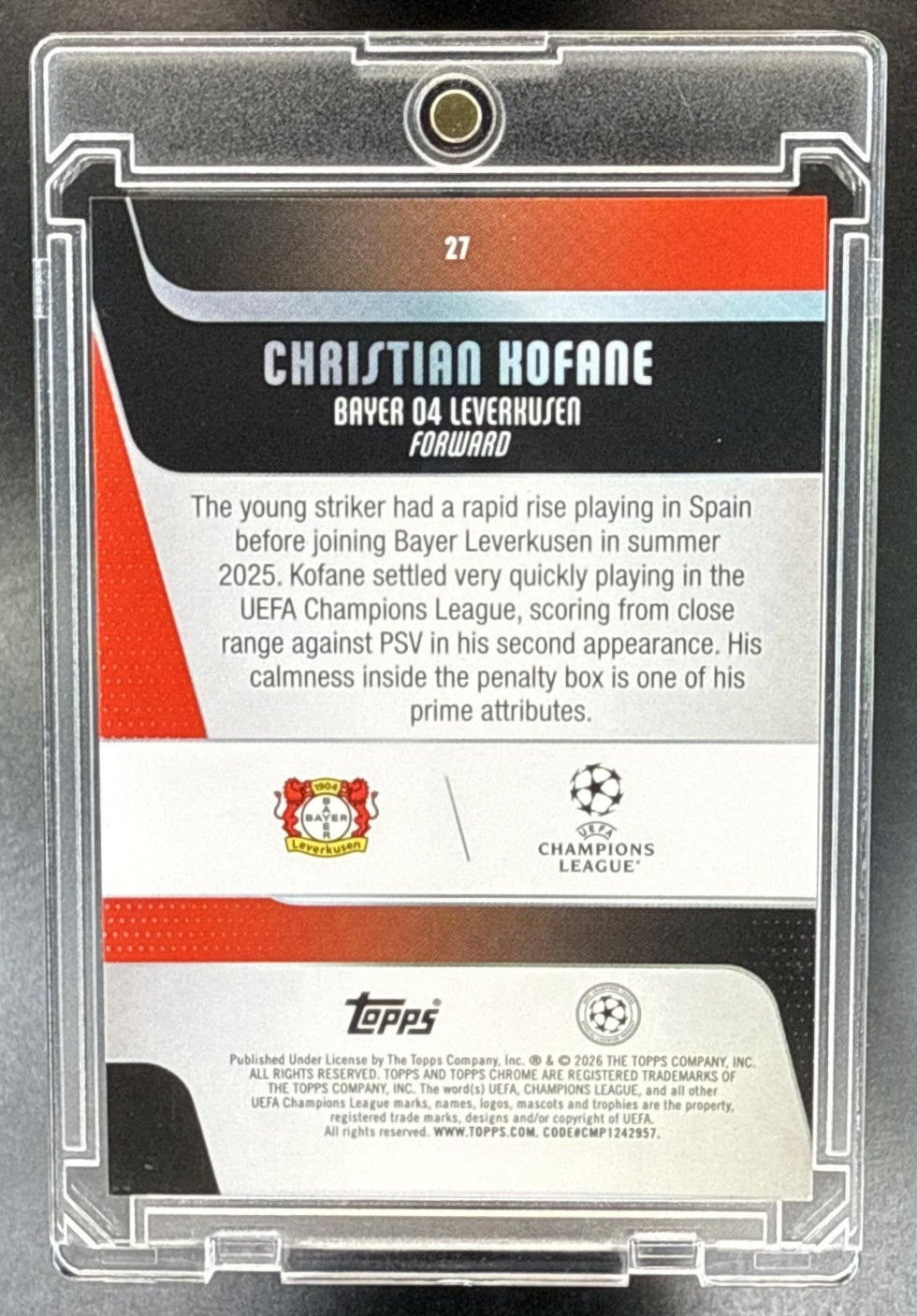 Christian Kofane Topps Chrome UCC Sapphire 2025-26 Gold /50 Bayer 04 Leverkusen
