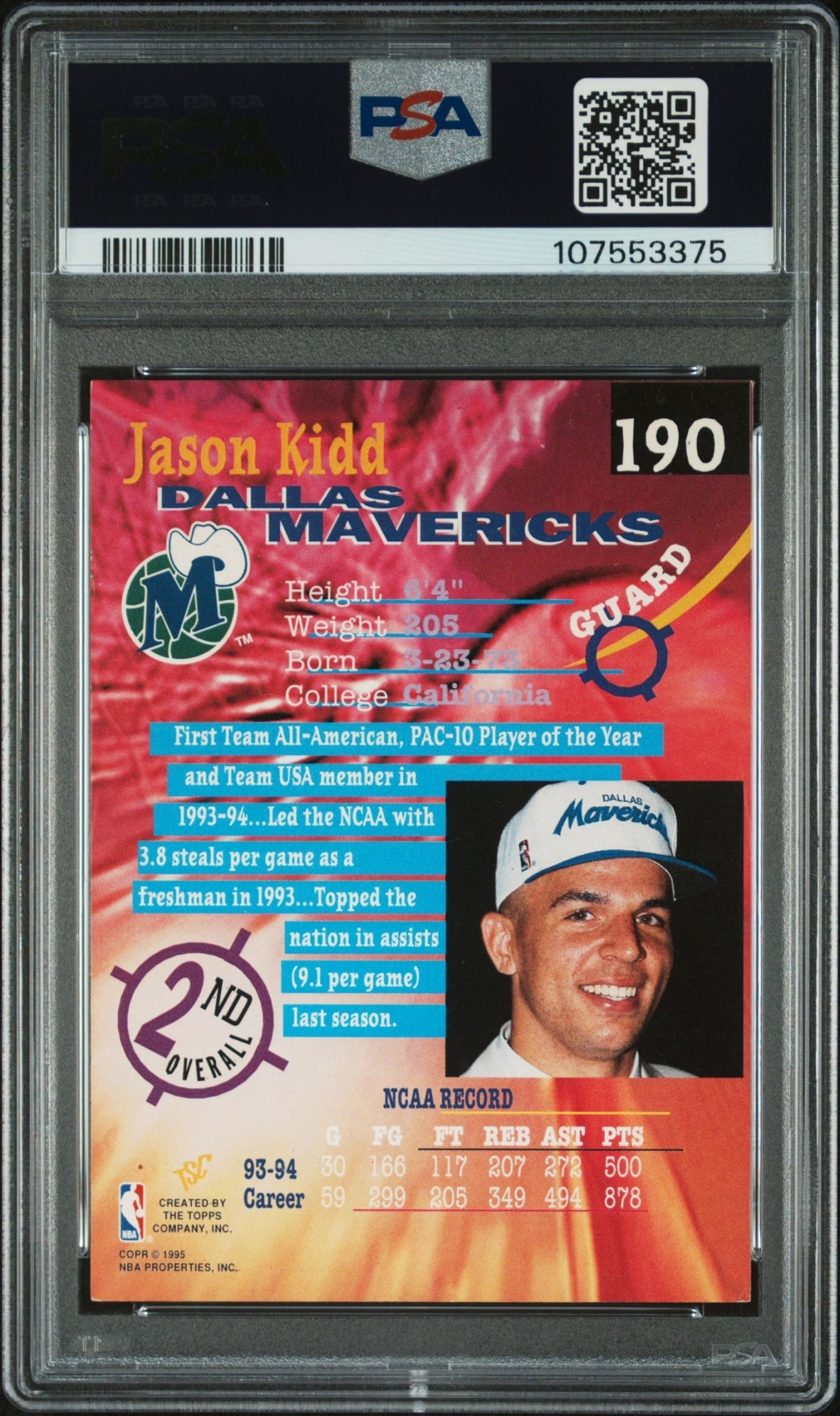 Jason Kidd Topps Stadium Club 1994-95 RC PSA AUTH Dallas Mavericks
