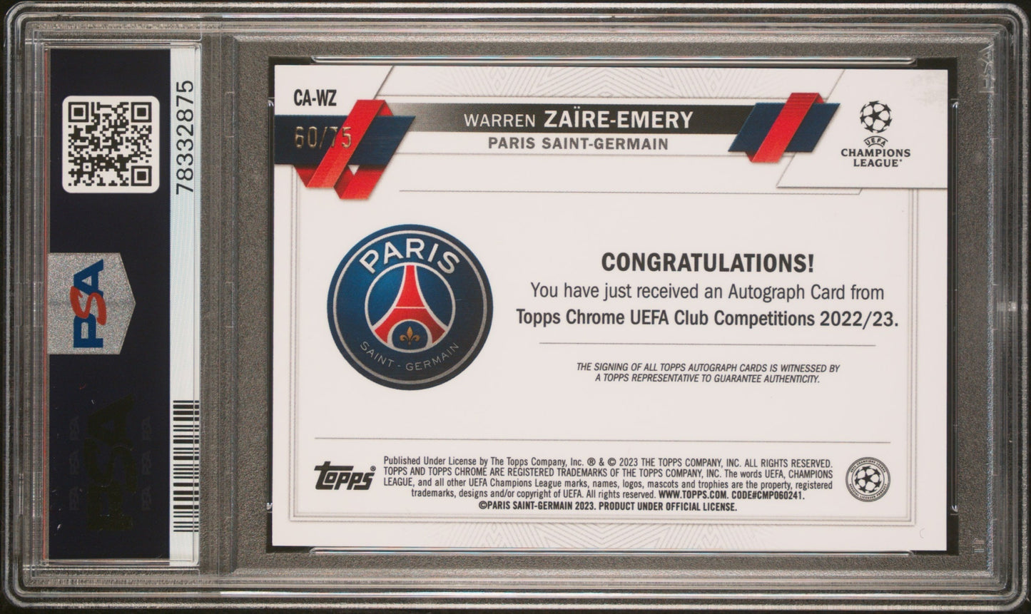 Warren Zaire-Emery Topps Chrome UCC 2022-23 Blue Wave /75 RC Auto PSA 10 PSG