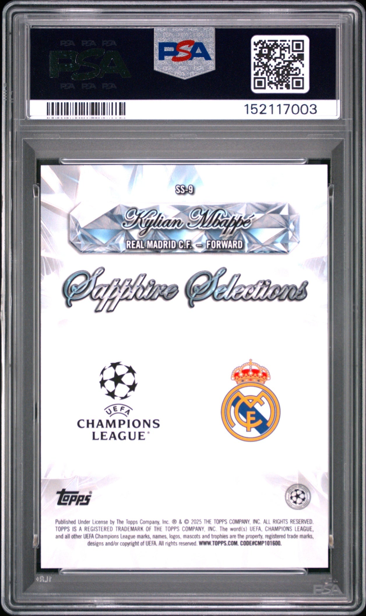 Kylian Mbappe Topps Chrome Sapphire UCC 2024-25 PSA 10 Real Madrid C.F.