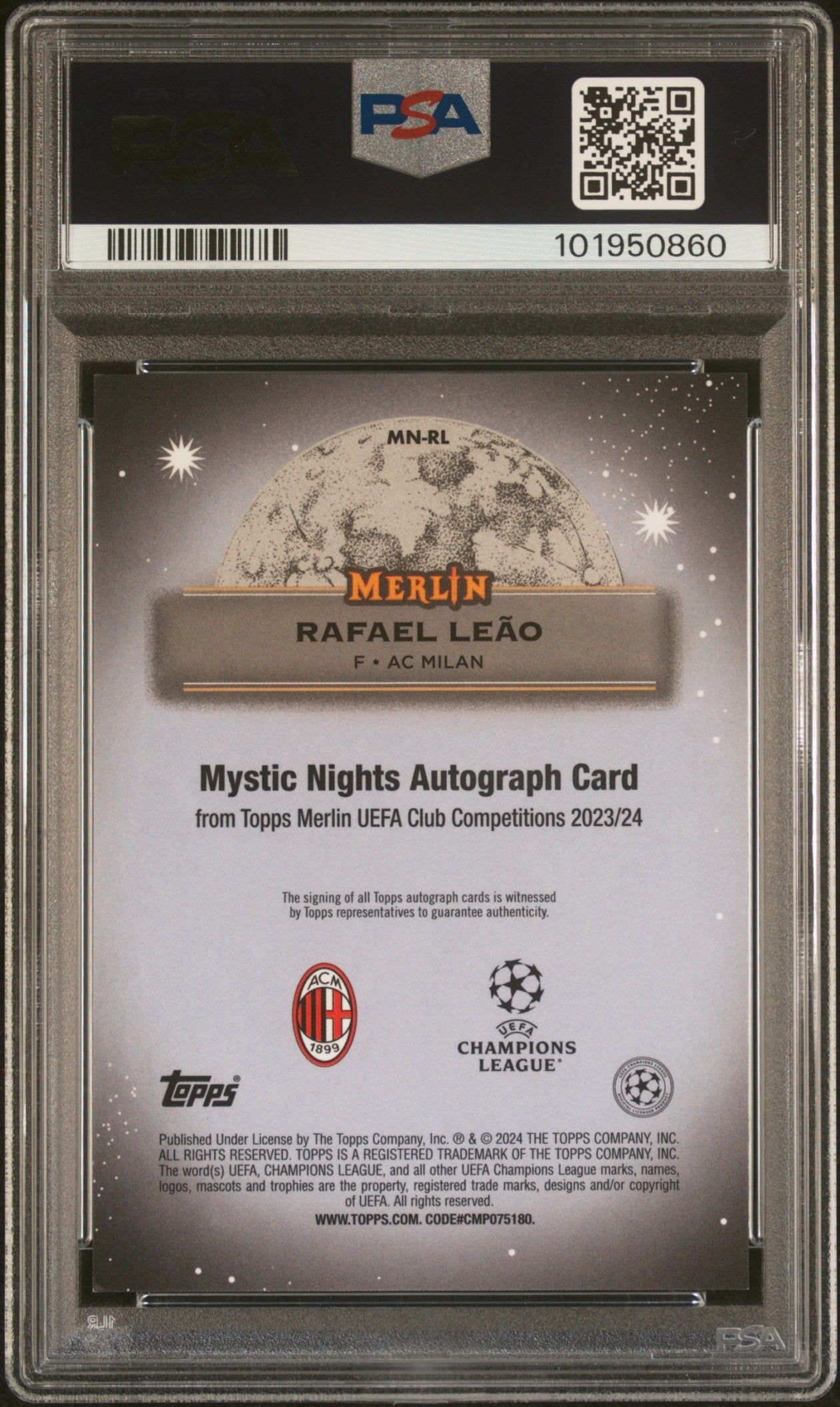 2024 Topps Chrome Merlin UEFA Club Competitions Rafael Leao Auto PSA 9 AC Milan