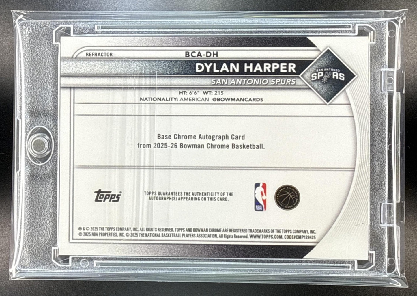 Dylan Harper Bowman 2025-26 Chrome Auto Refractor /499 RC San Antonio Spurs