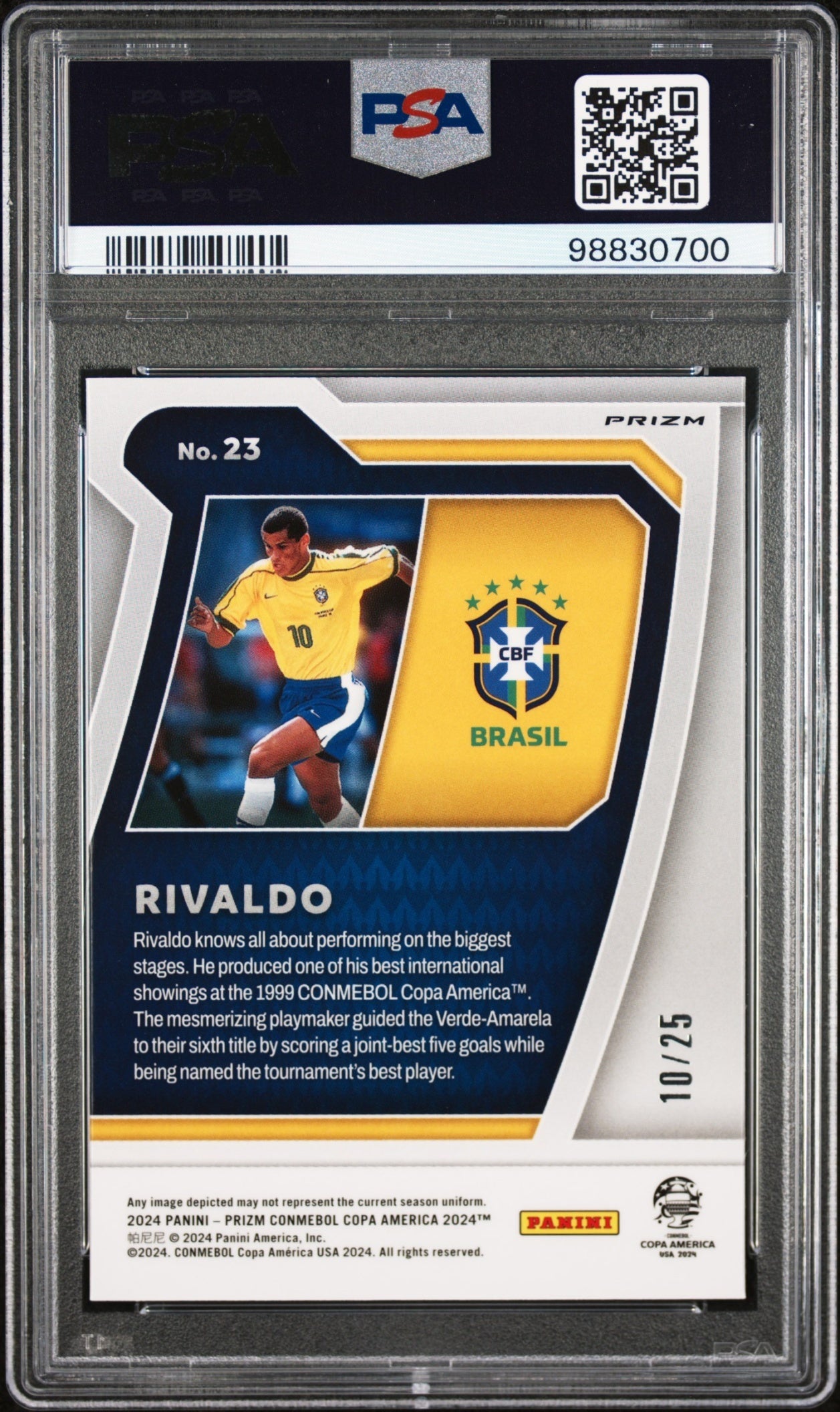 Rivaldo Panini Prizm Copa America 2024-25 Scorers Club Orange /25 PSA 10 Brazil