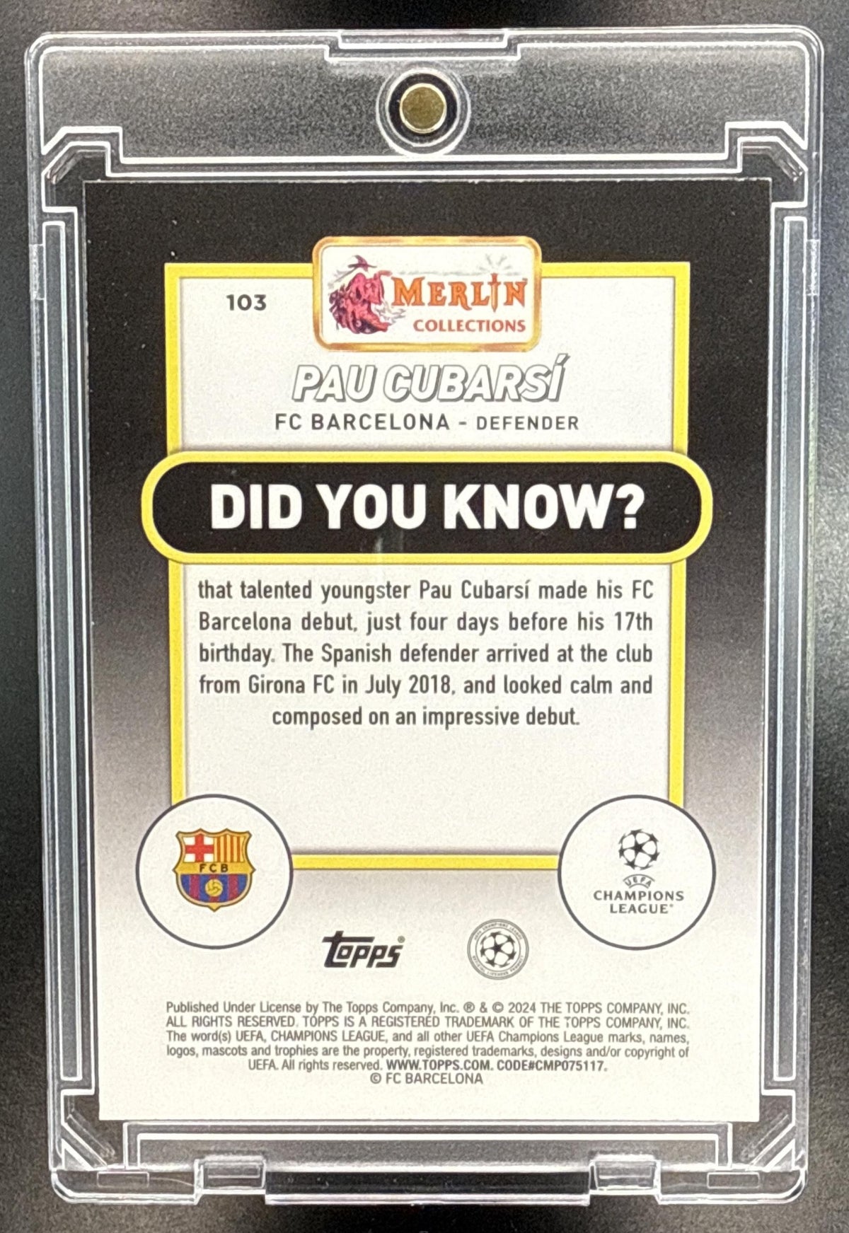 Pau Cubarsi Topps Chrome Merlin UCC 2023-24 Rose Gold Shimmer /299 FC Barcelona