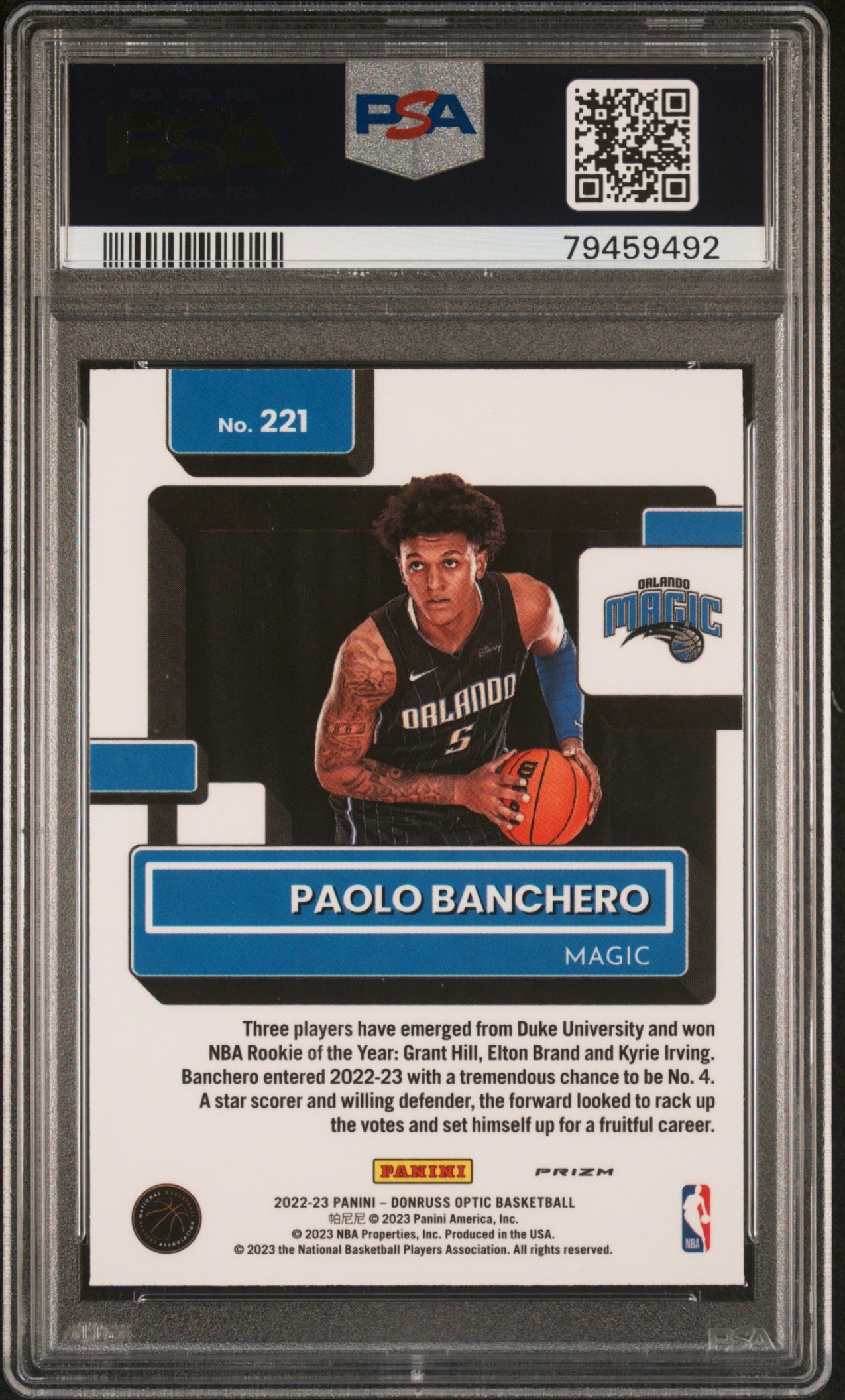 Paolo Banchero Donruss Optic 2022-23 Holo RC Rated Rookie PSA 9 Orlando Magic
