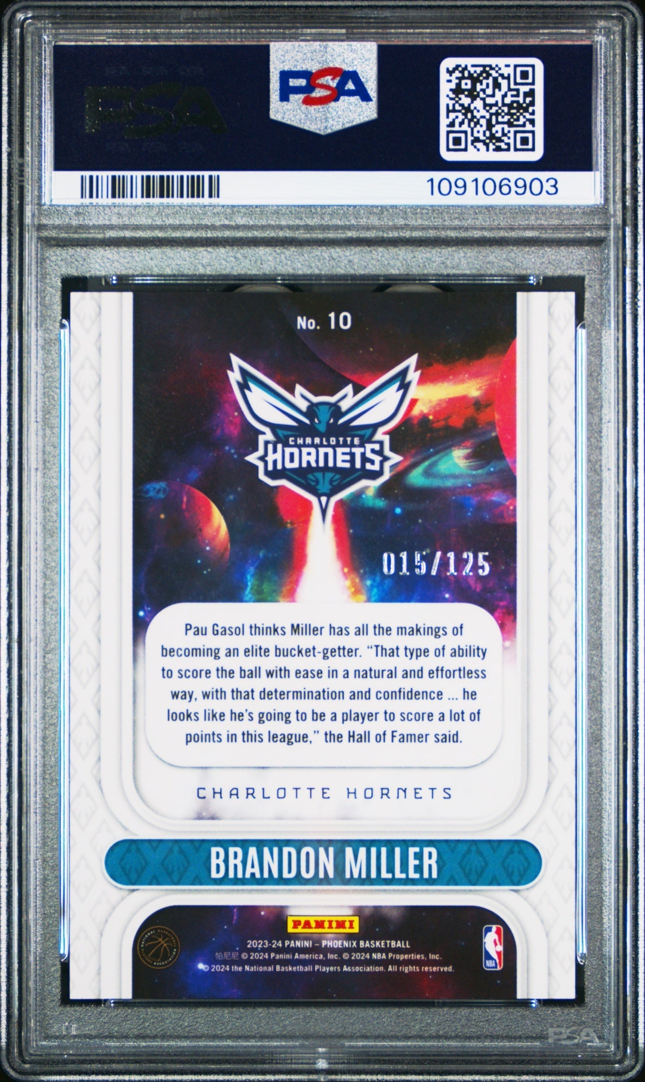 Brandon Miller Panini Phoenix 2023-24 Red /125 RC PSA 10 Charlotte Hornets