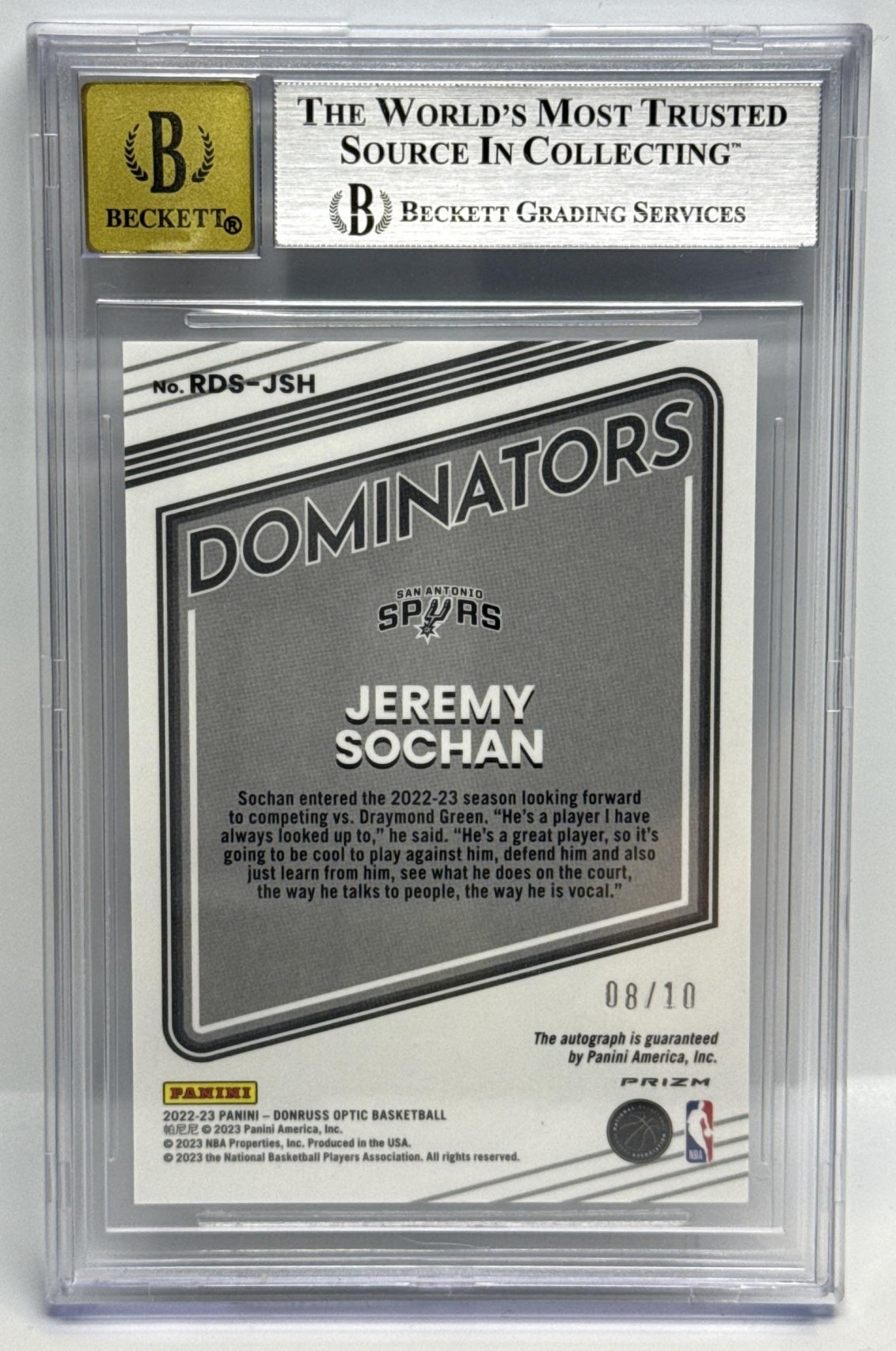 Jeremy Sochan Panini Donruss Optic 2022-23 Gold /10 Auto BGS 9 San Antonio Spurs