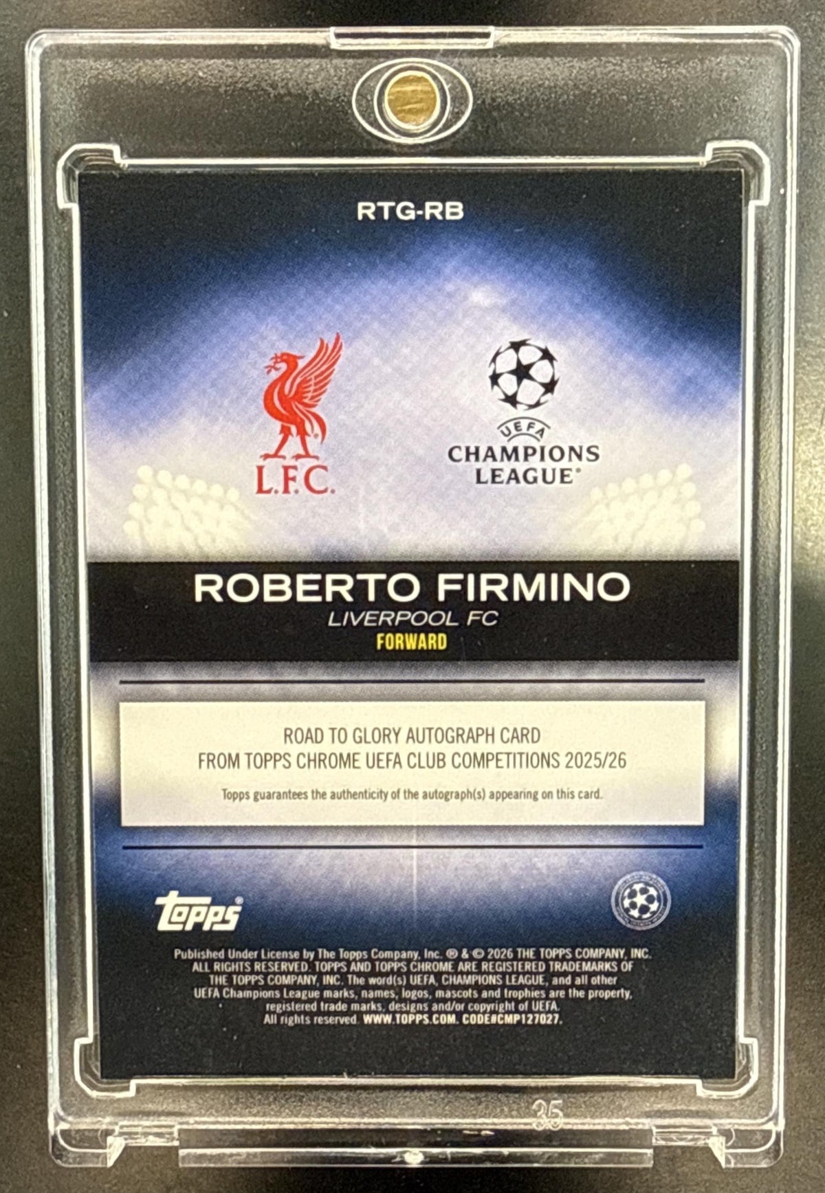 Roberto Firmino Topps Chrome UCC 2025-26 Purple Refractor /75 Auto Liverpool FC
