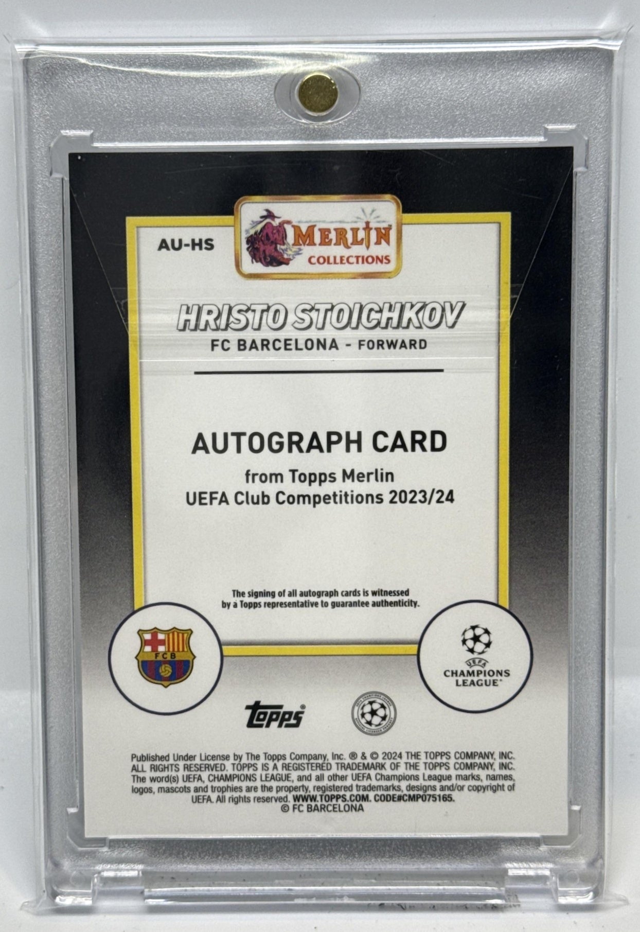 Hristo Stoichkov Topps Chrome Merlin UCC 2023-24 Blue Refractor /75 FC Barcelona
