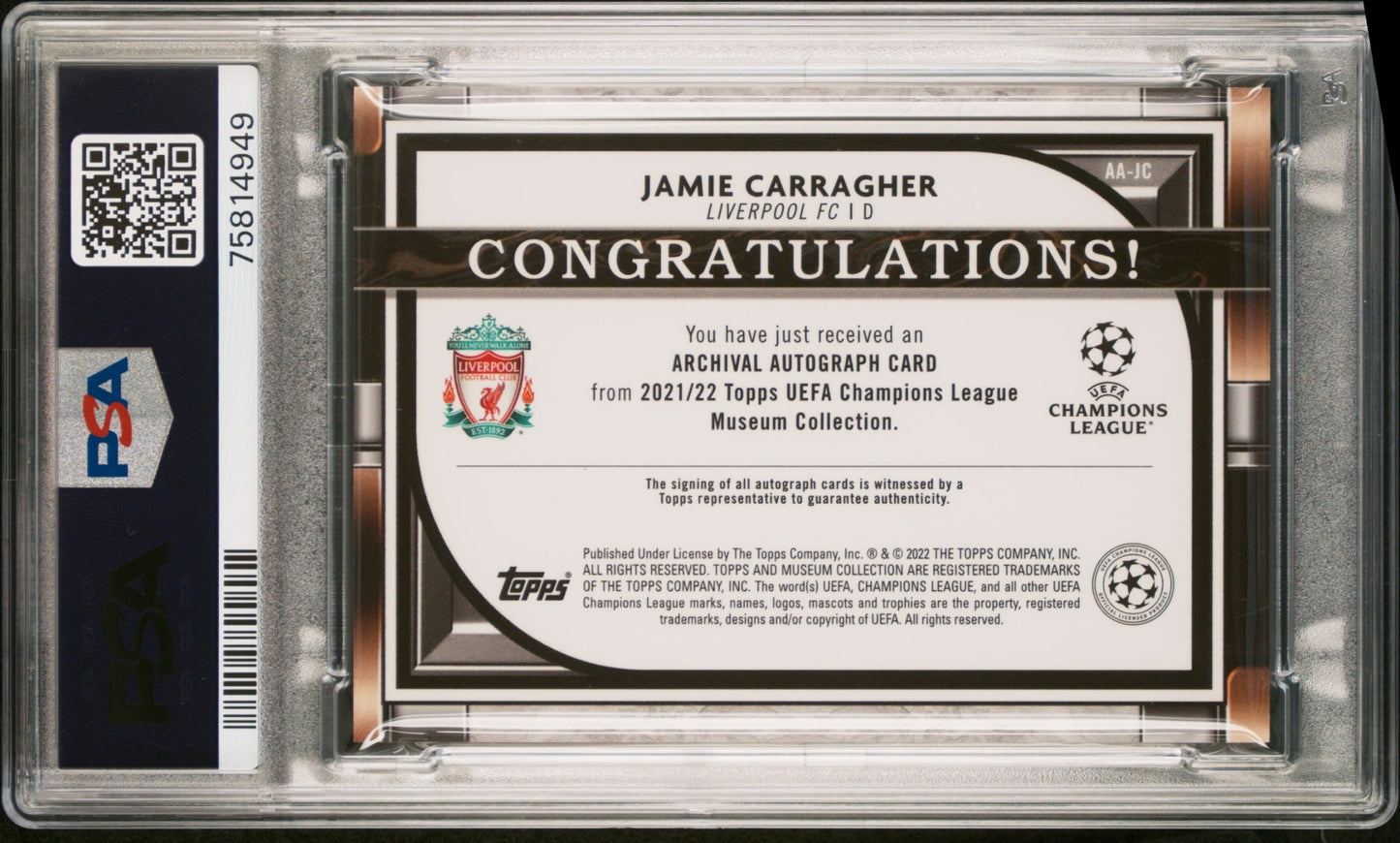 Jamie Carragher Topps Museum Collection UCL 2021 Amethyst /99 PSA 9 Liverpool