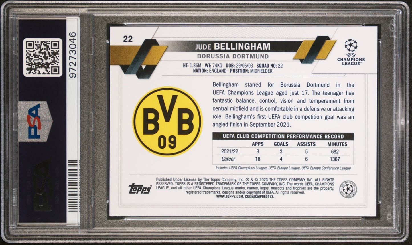 Jude Bellingham Topps Chrome UCC 2022-23 Gold Lava PSA 10 Borussia Dortmund