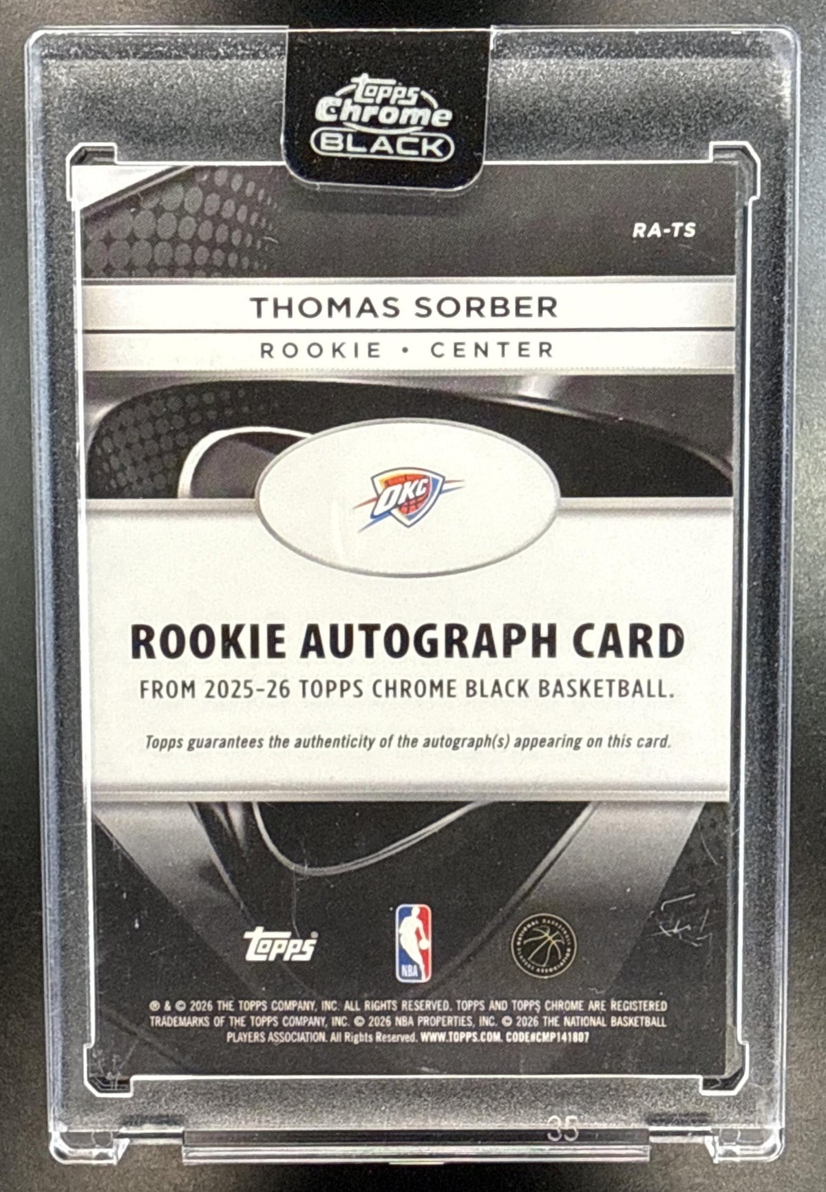 Thomas Sorber Topps Chrome Black 2025-26 Purple Refractor /75 RC Auto Oklahoma City Thunder