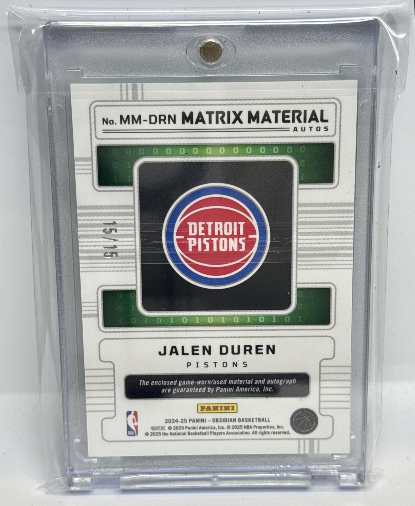 Jalen Duren Obsidian 2024-25 Electric Etch Green Flood /15 Auto Detroit Pistons