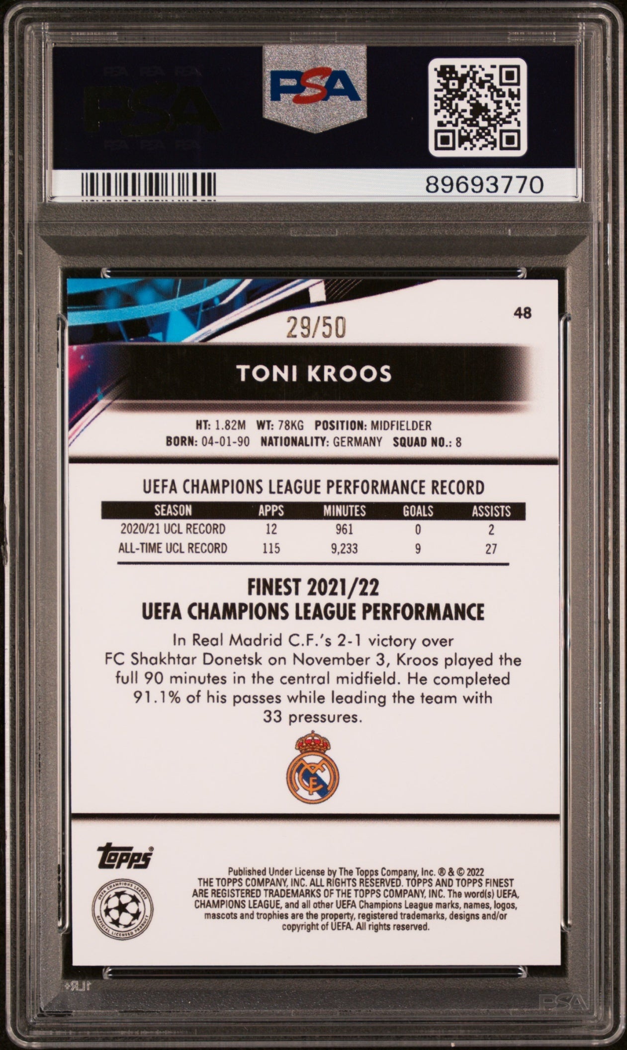 Toni Kroos Topps Finest UCL 2021 Gold /50 PSA 10 Real Madrid CF