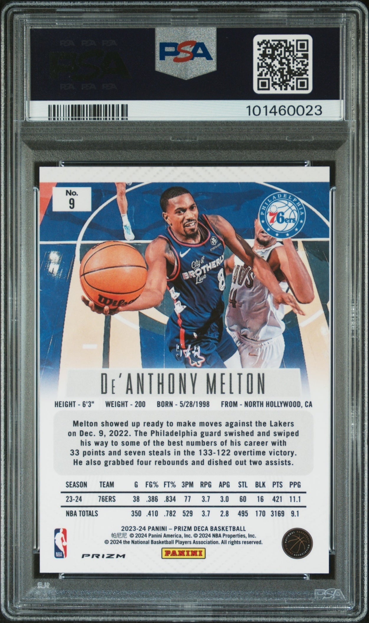 De Anthony Melton Panini Prizm Deca 2023-24 Black Gold Shimmer FOTL /8 PSA 10 Philadelphia 76ers