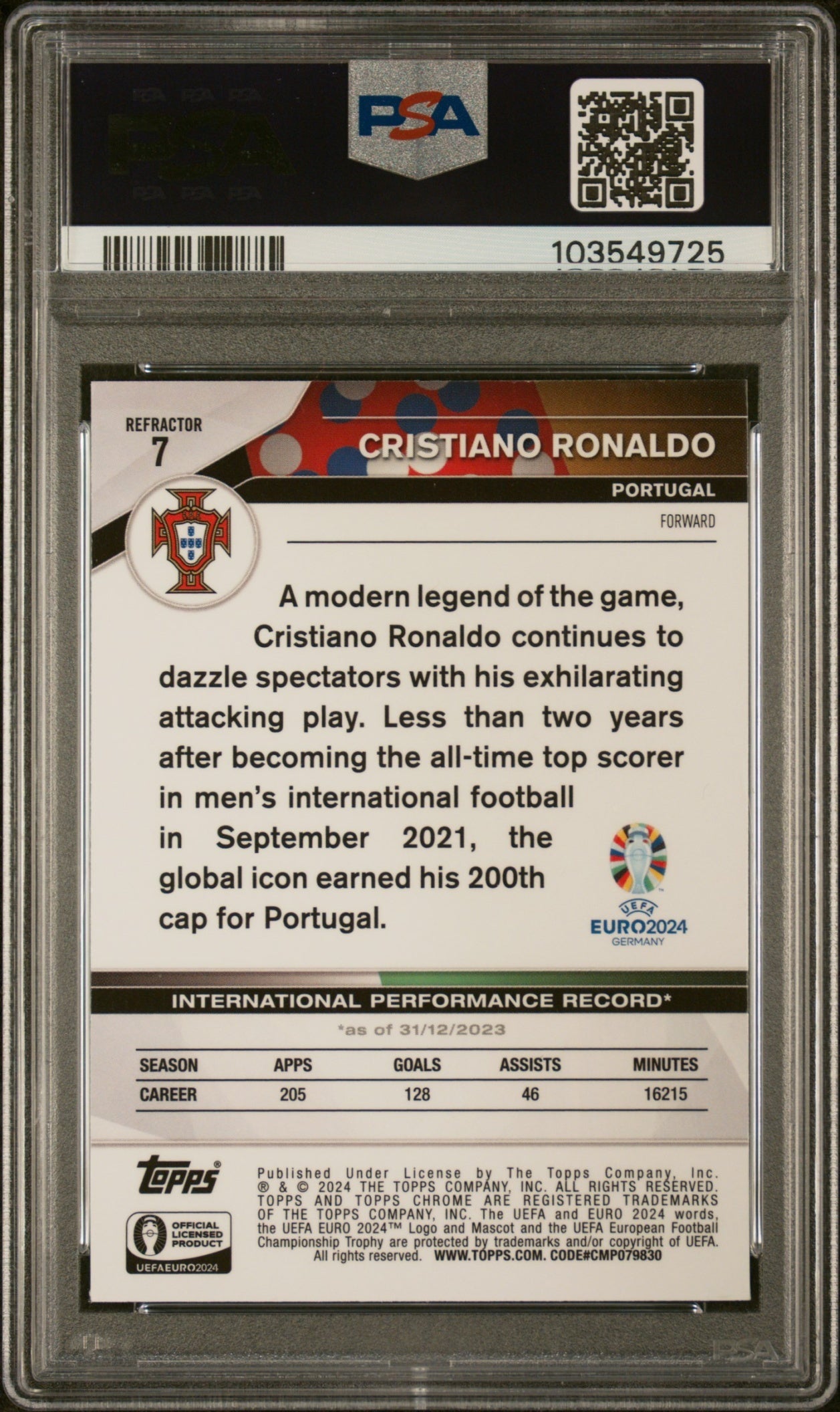 Cristiano Ronaldo Topps Chrome UEFA Euro 2023-24 Refractor PSA 10 Portugal