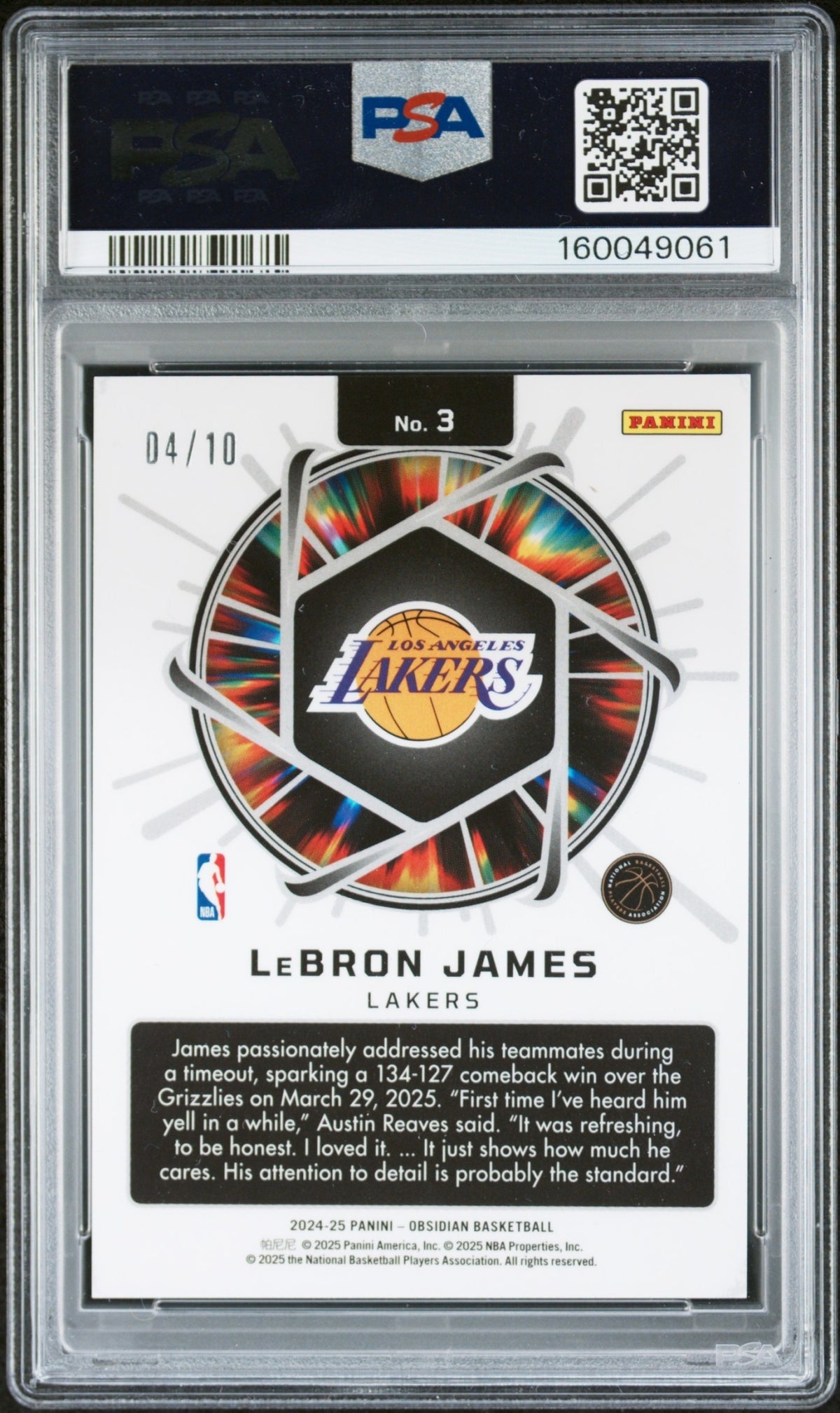 LeBron James Panini Obsidian 2024-25 Electric Etch Gold Flood /10 PSA 10 Lakers