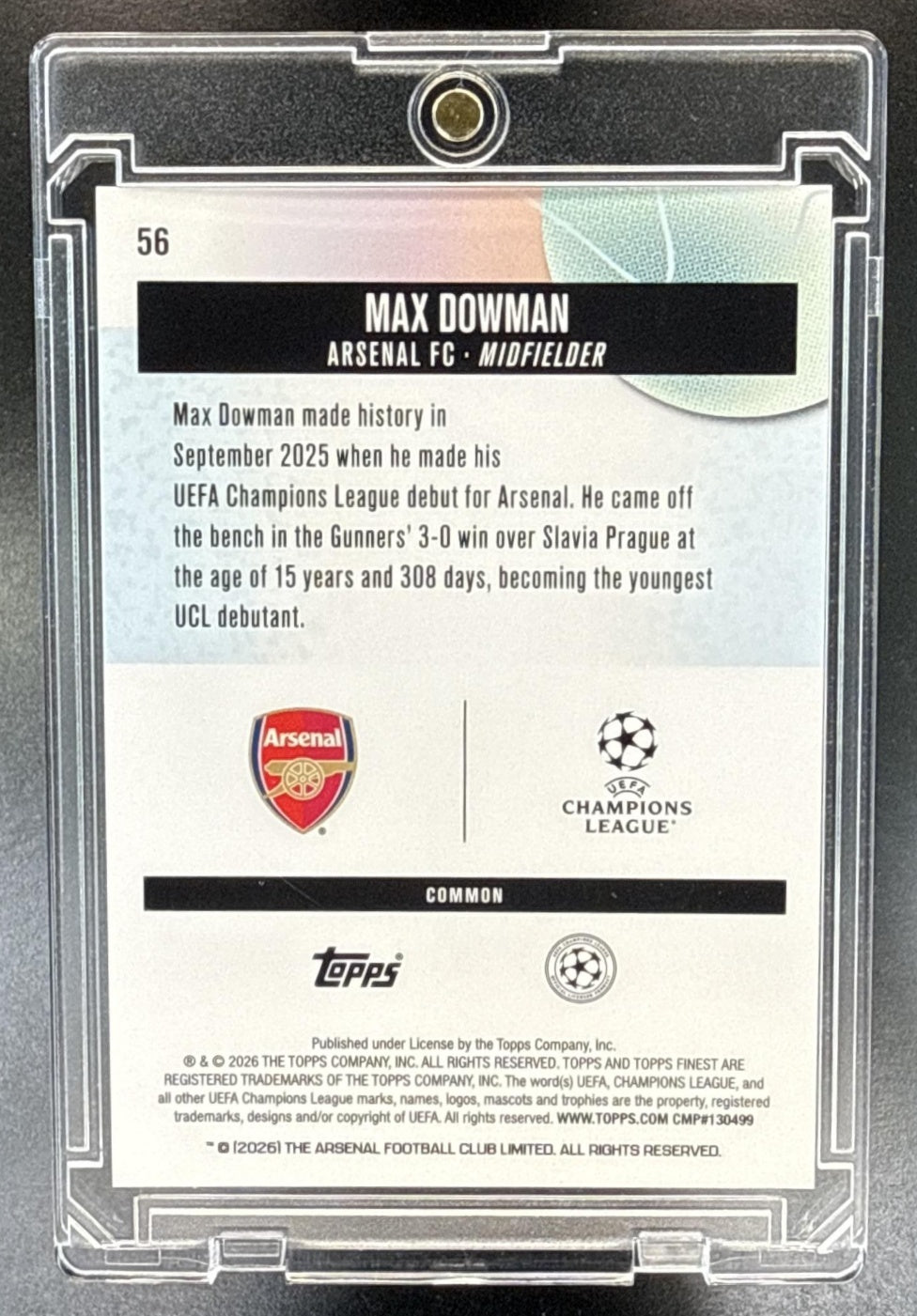 Max Dowman Topps UCC Finest 2025-26 Gold Refractor /50 RC Arsenal FC