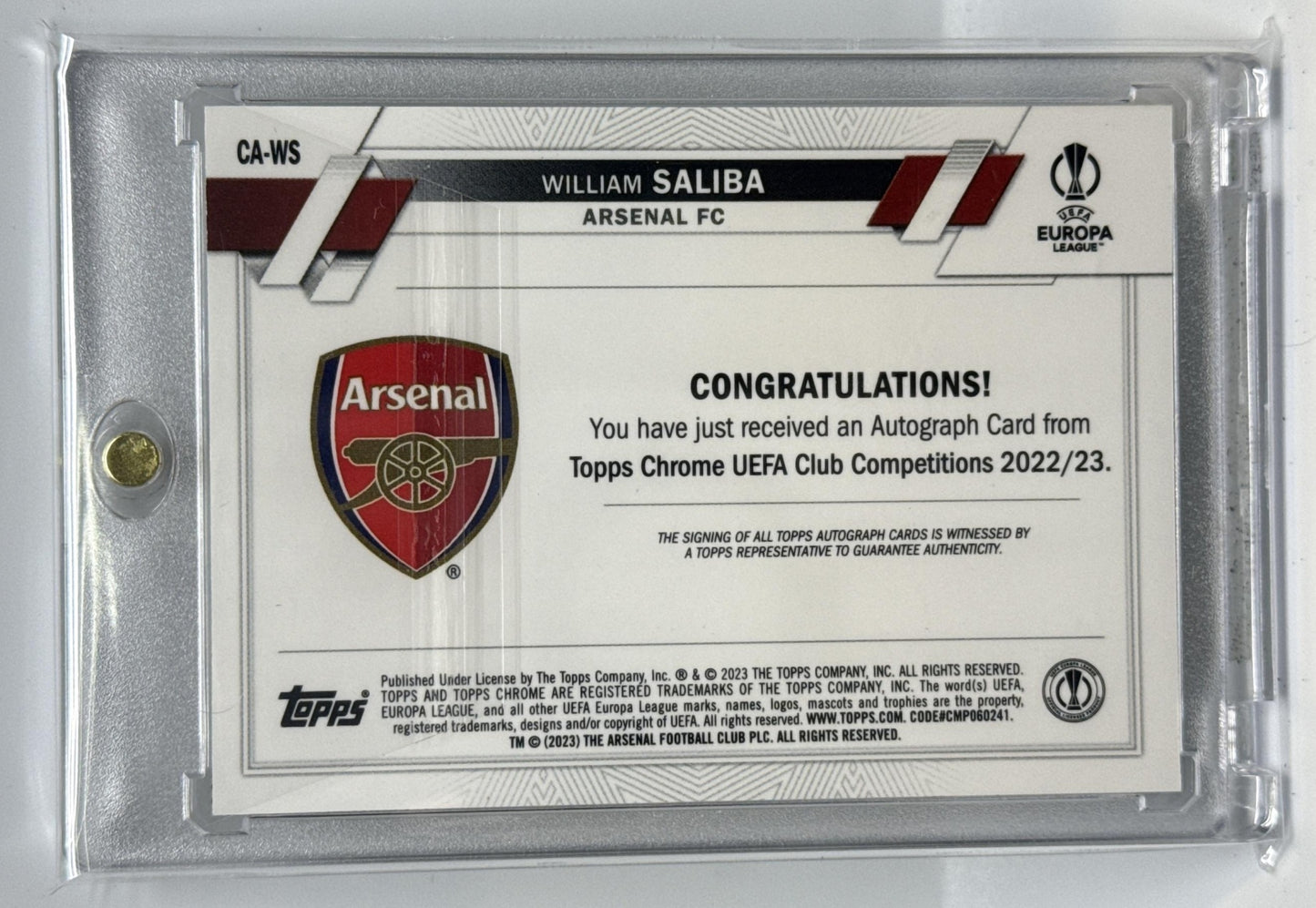 William Saliba Topps Chrome UCC 2022-23 Auto Black & White Ray Wave Arsenal FC