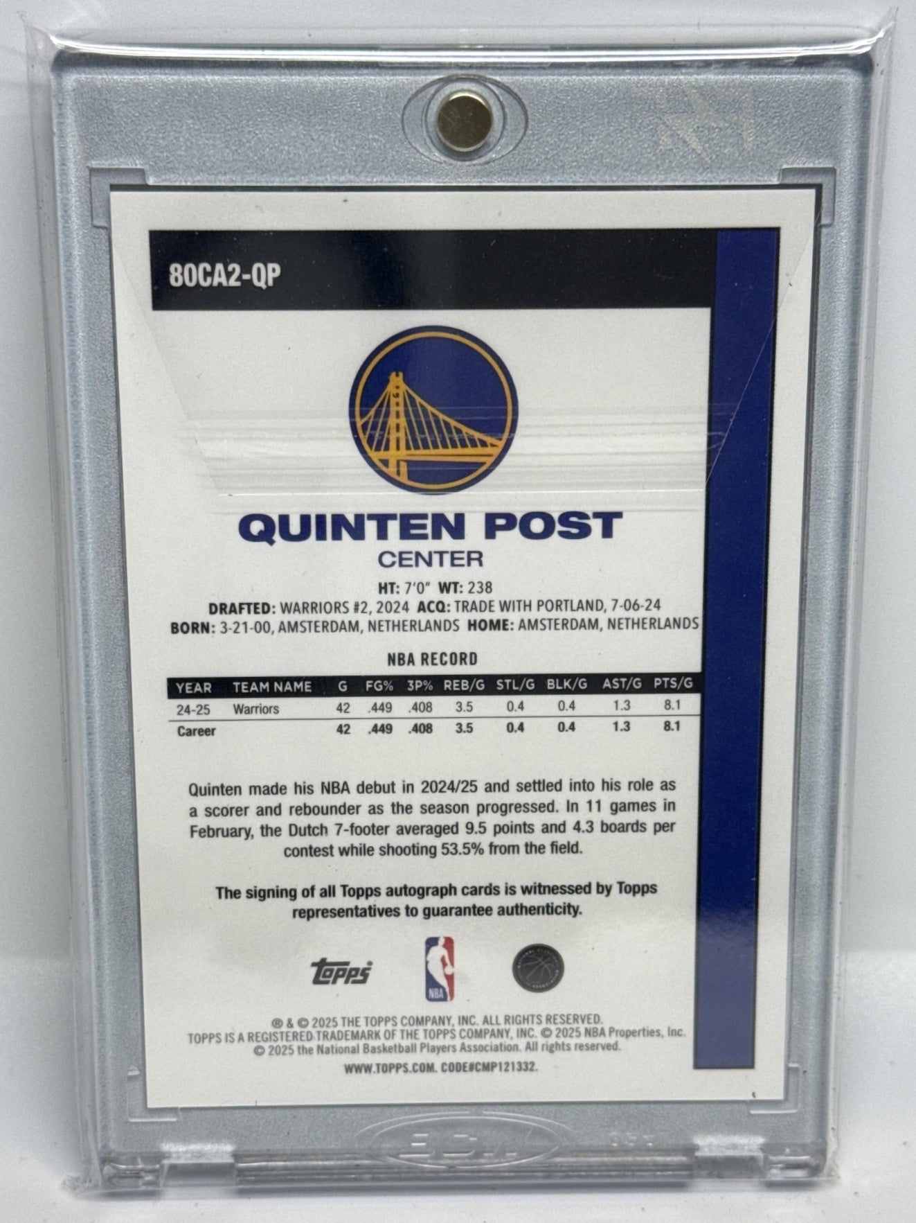 Quinten Post Topps 2025-26 Black Refractor /10 Auto Golden State Warriors