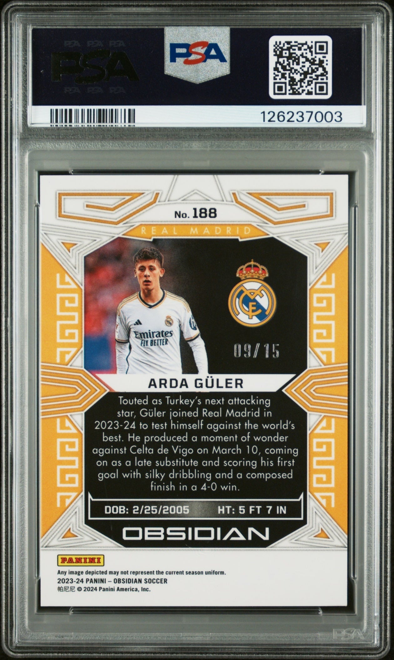 Arda Guler Panini Obsidian 2023-24 EE Neon Blue Flood /15 PSA 10 Real Madrid CF