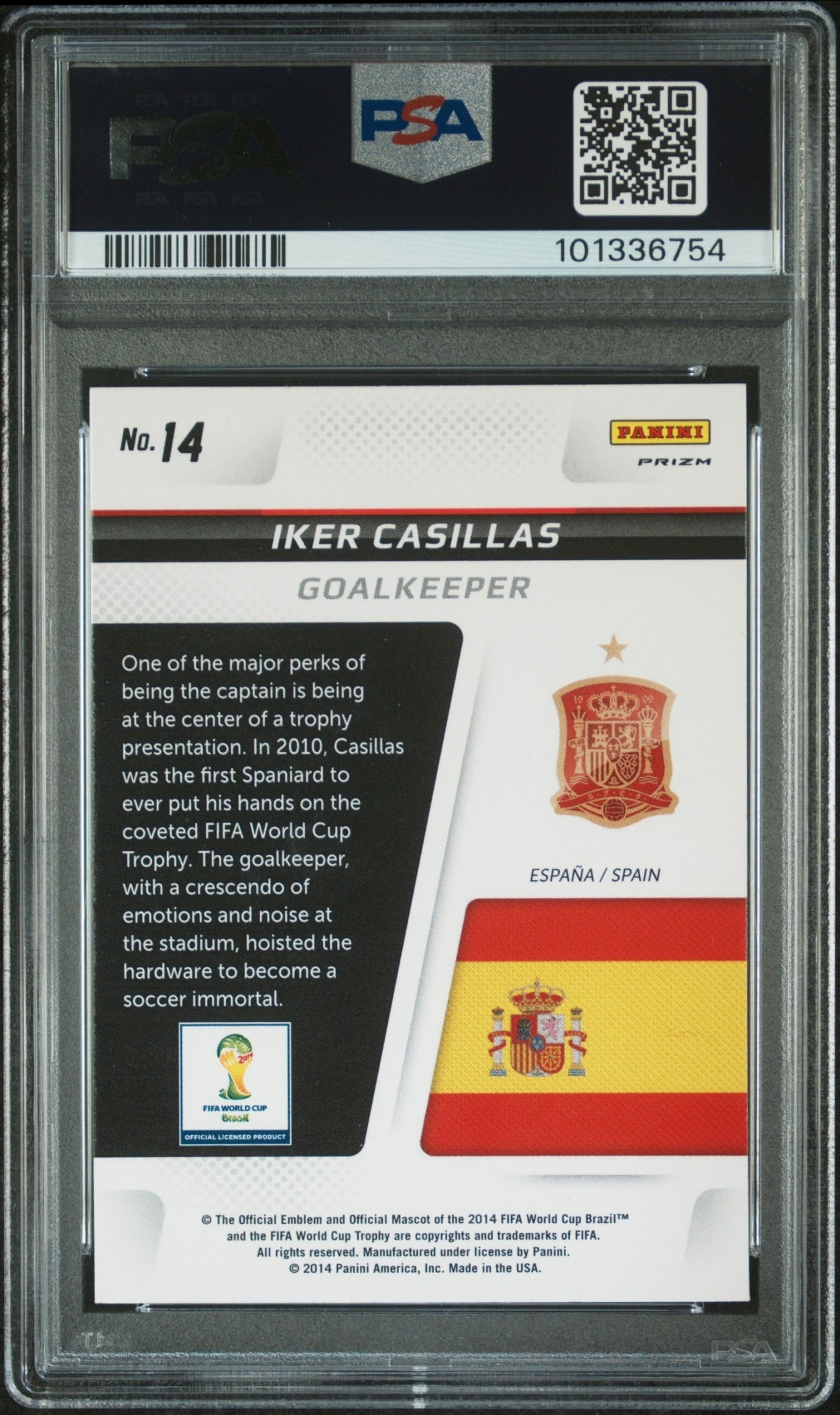Iker Casillas Panini Prizm FIFA World Cup Brazil 2014 PSA 10 Spain