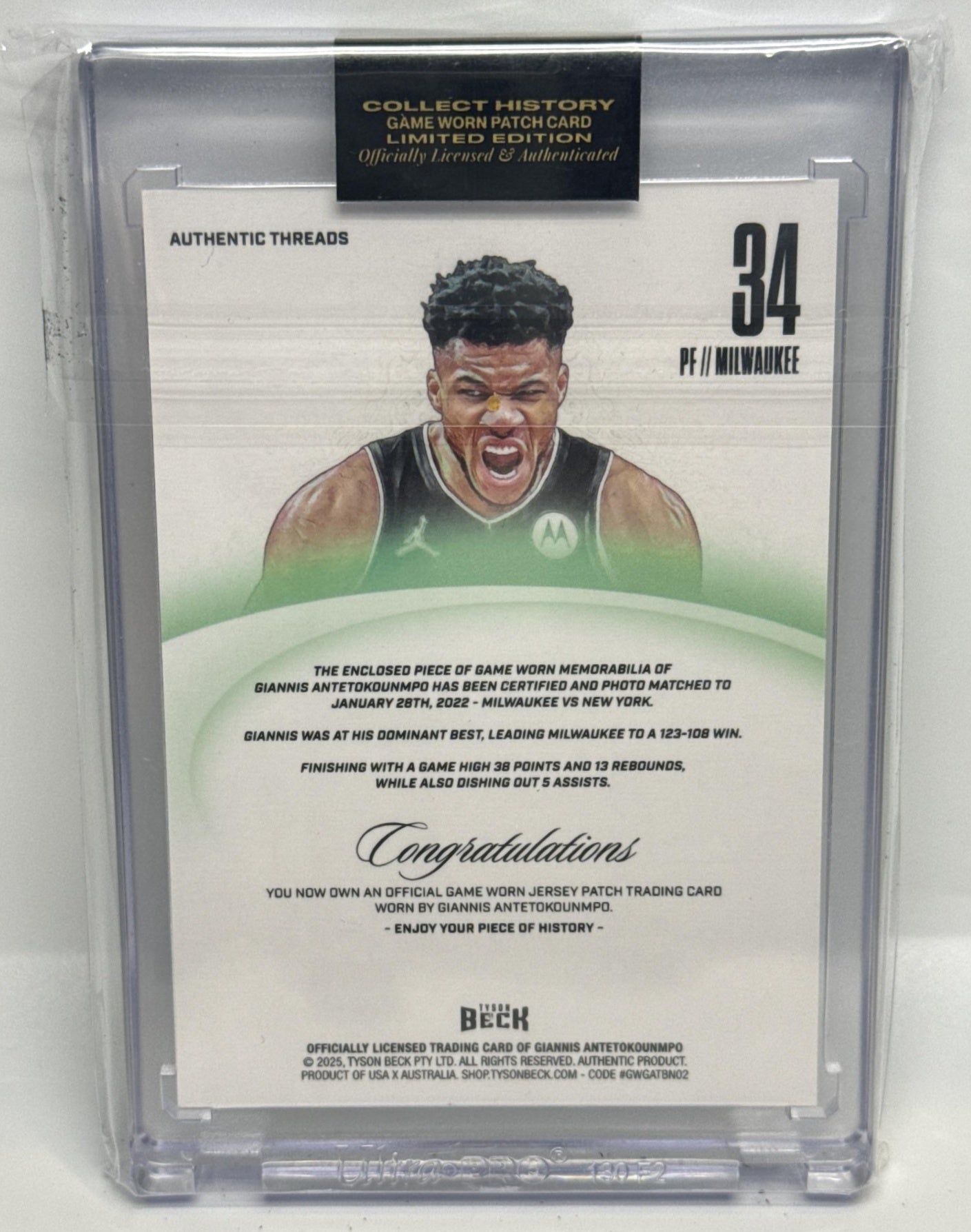 Giannis Antetokounmpo Tyson Beck 2025 Authentic Threads /34 Milwaukee Bucks