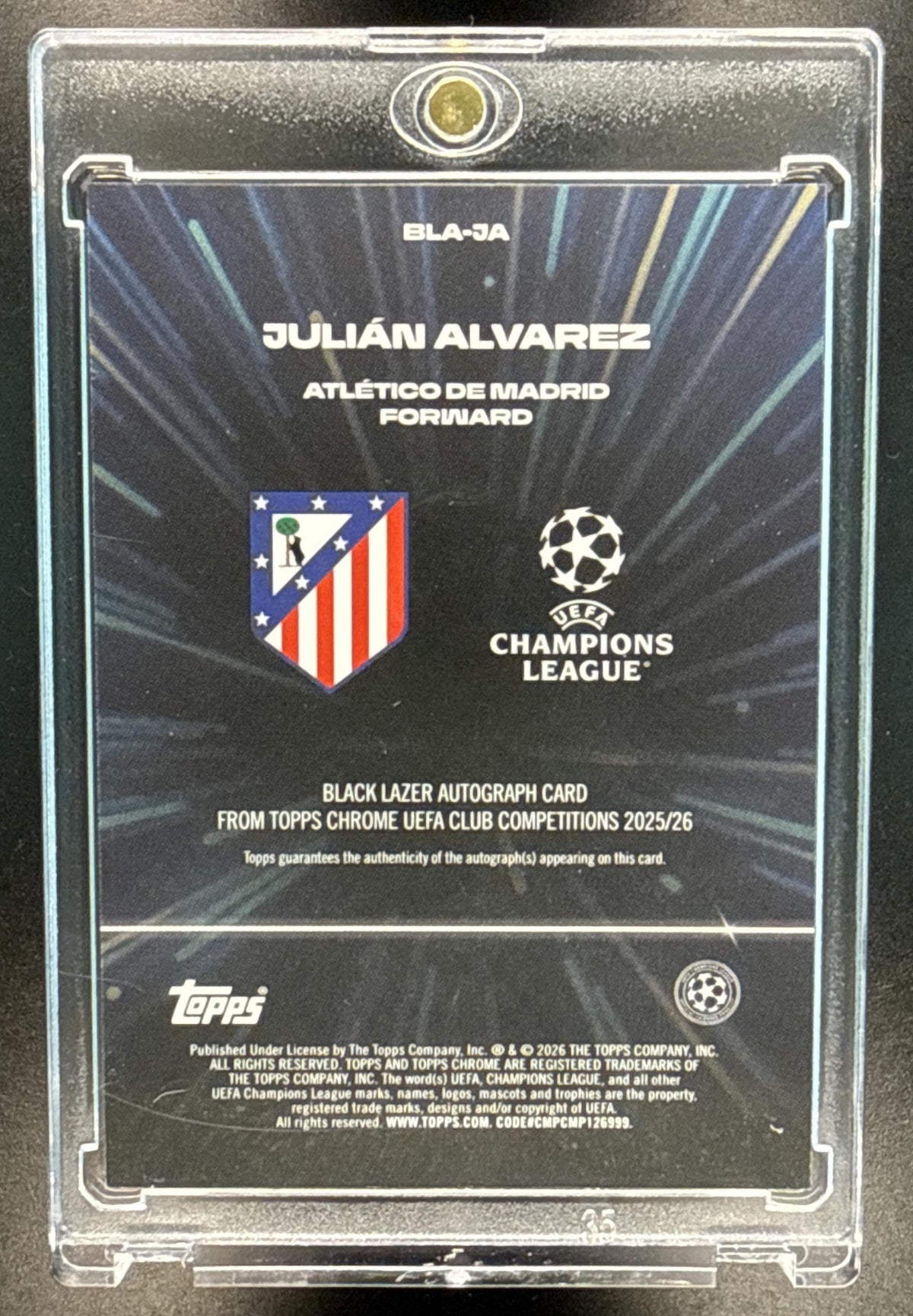 Julian Alvarez Topps Chrome UCC 2025-26 Black/Neon Green Lazer /99 Auto Atletico