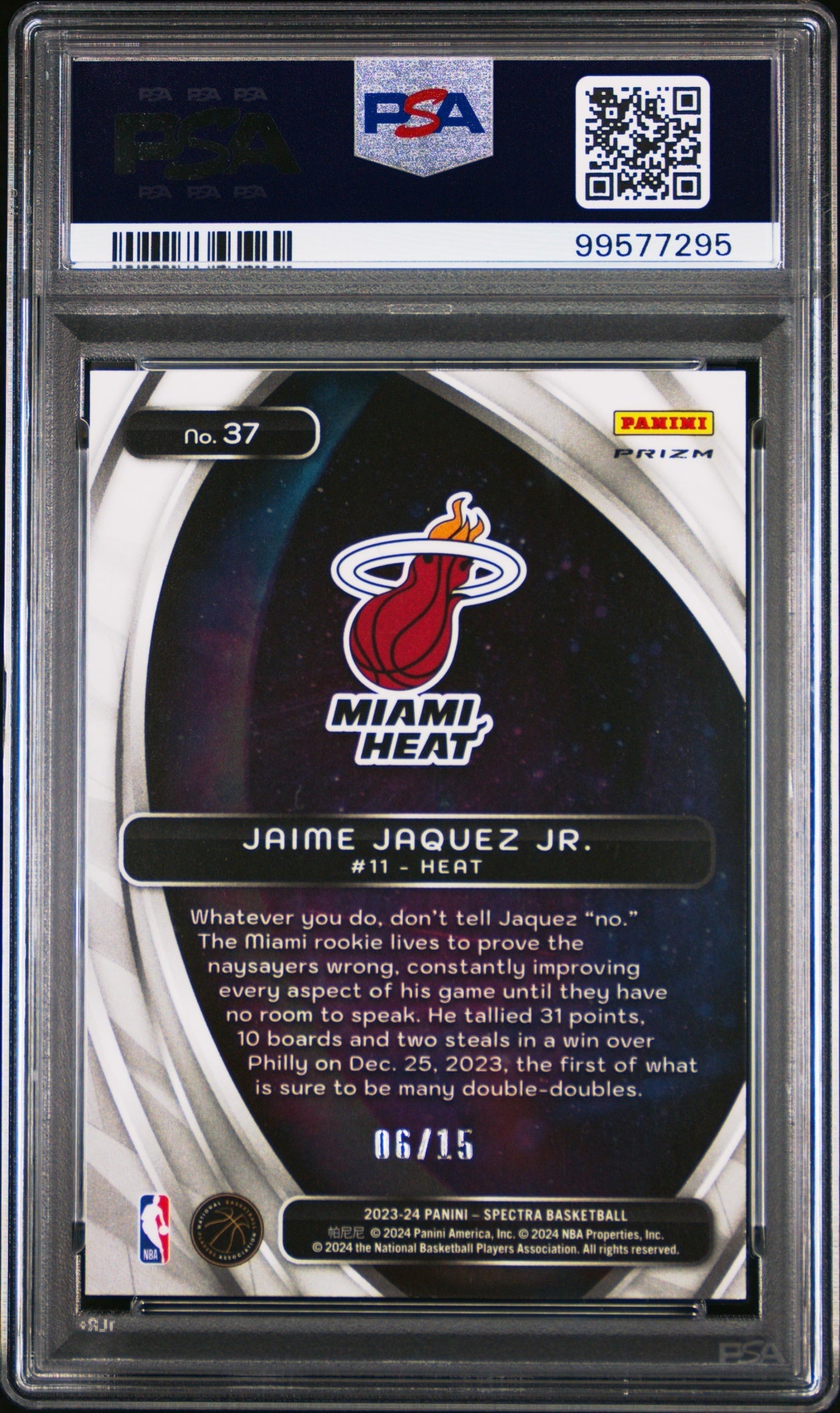 Jaime Jaquez Jr. Panini Spectra 2023-24 Purple Scope FOTL /15 RC PSA9 Miami Heat