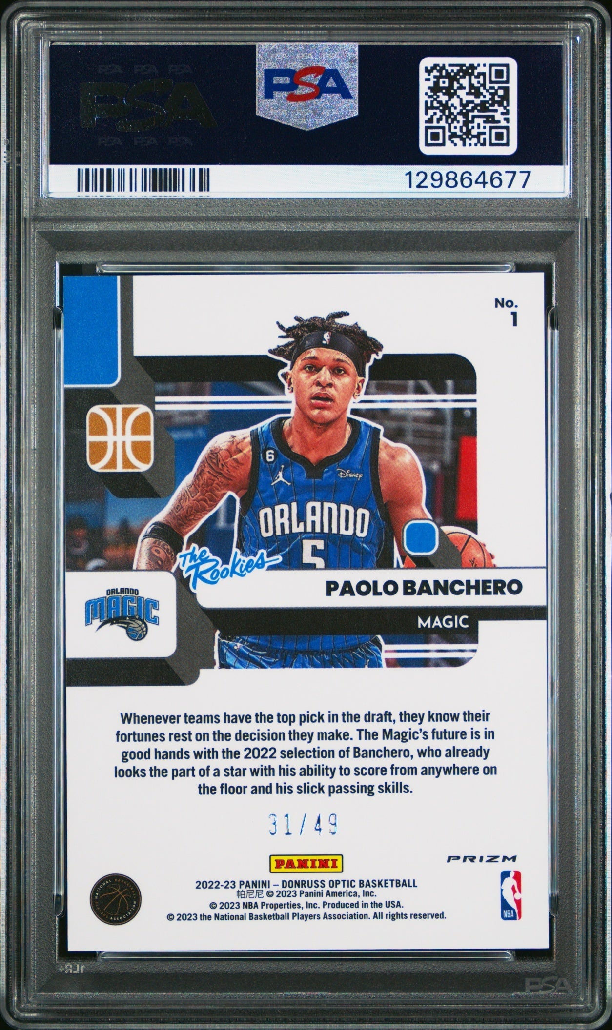 Paolo Banchero Panini Donruss Optic 2022-23 Blue /49 RC PSA 9 Orlando Magic